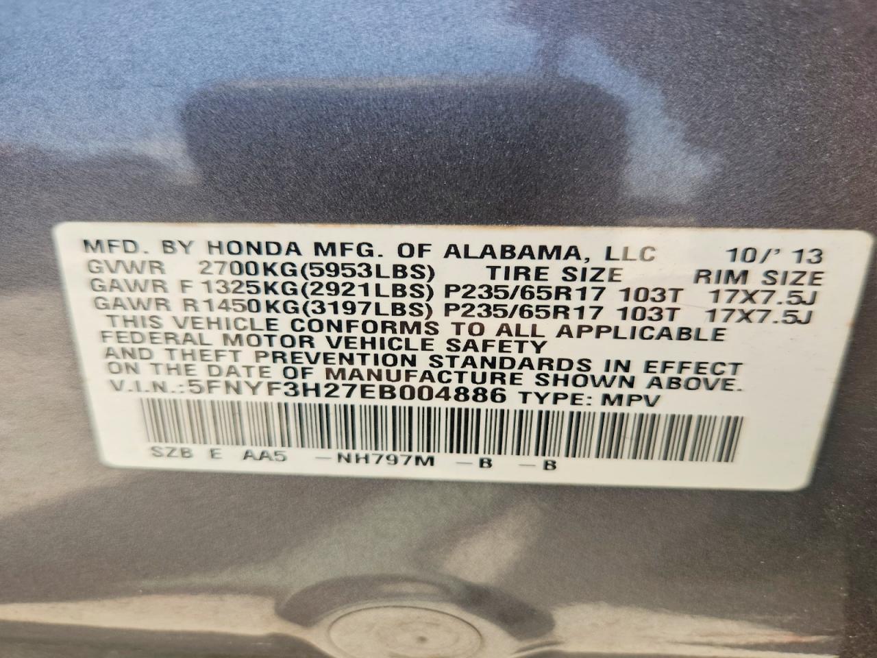 2014 Honda Pilot Lx Charcoal vin: 5FNYF3H27EB004886