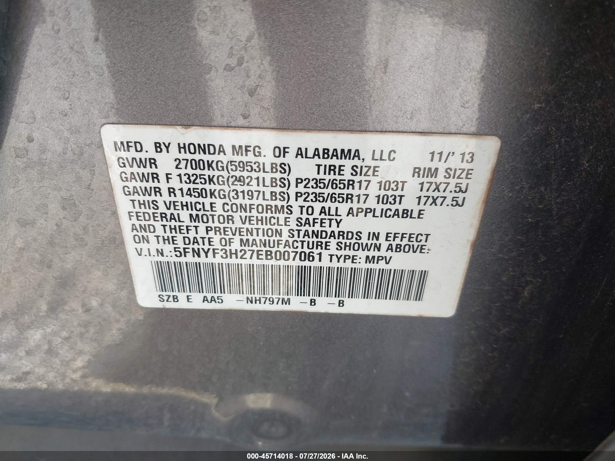 2014 Honda Pilot Lx Gray vin: 5FNYF3H27EB007061