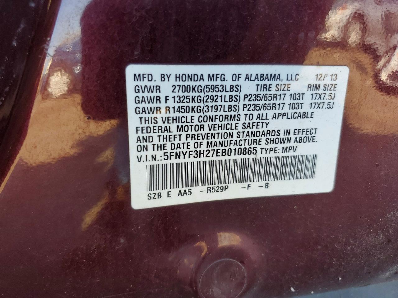 2014 Honda Pilot Lx Burgundy vin: 5FNYF3H27EB010865