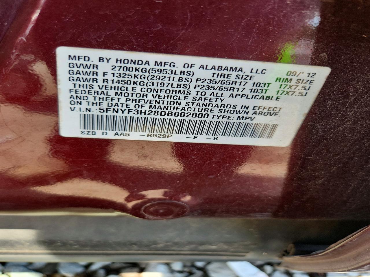 2013 Honda Pilot Lx Burgundy vin: 5FNYF3H28DB002000