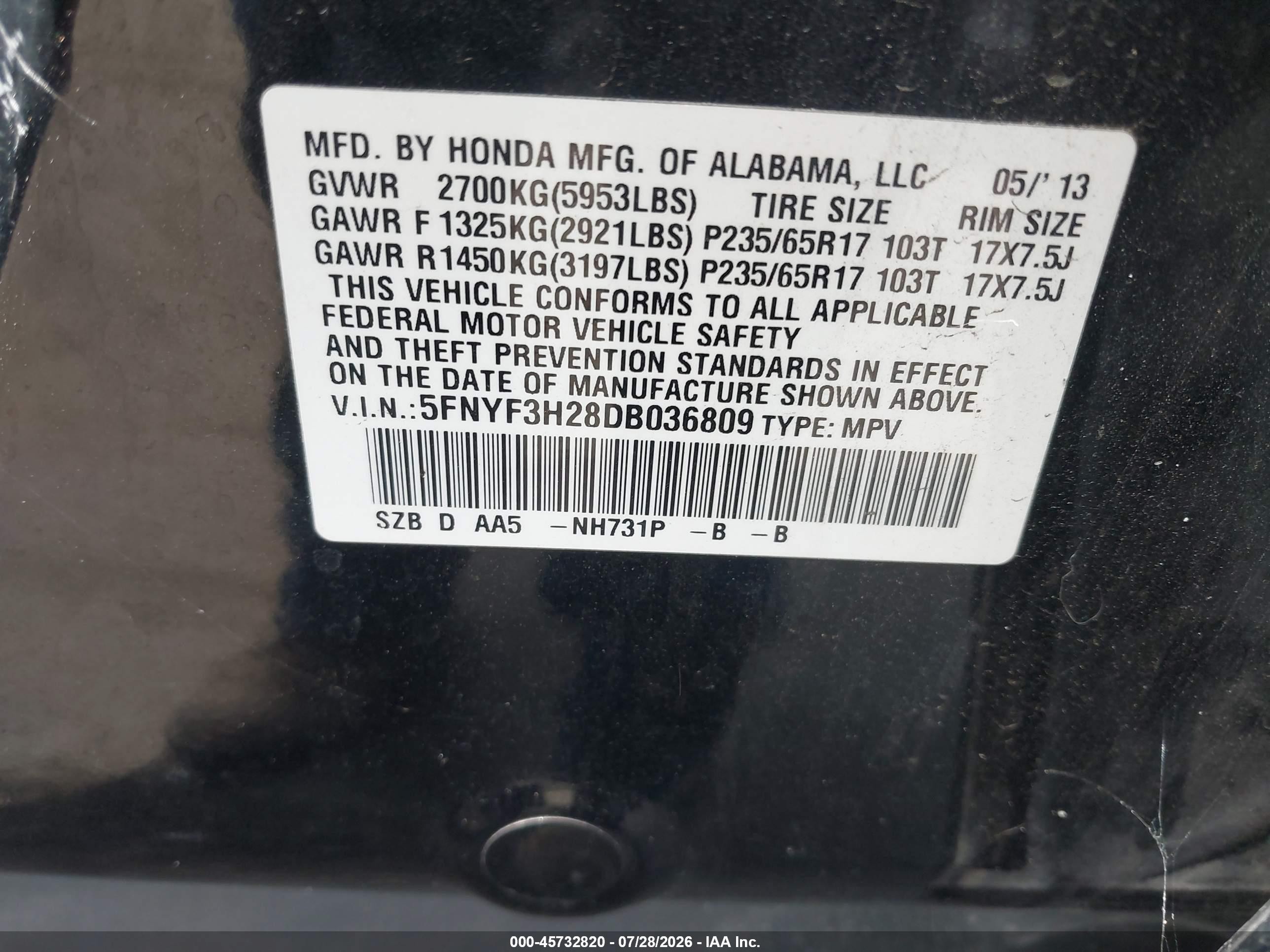 2013 Honda Pilot Lx Черный vin: 5FNYF3H28DB036809