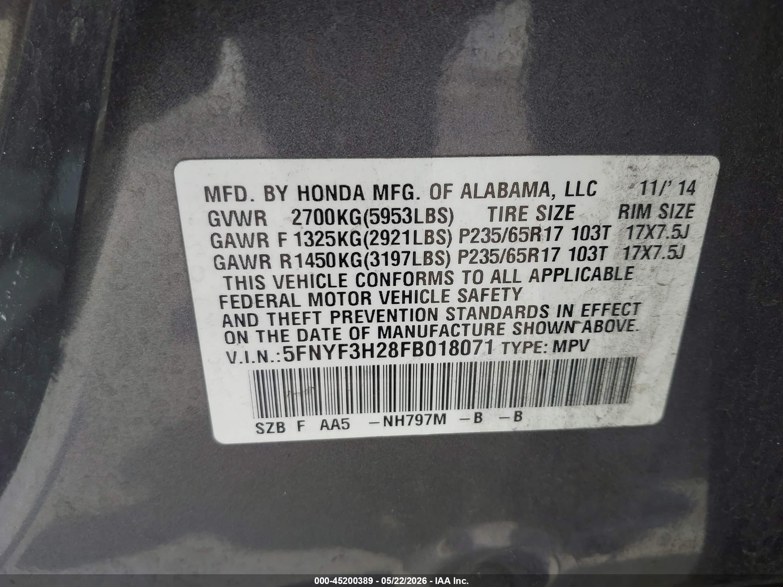 2015 Honda Pilot Lx Gray vin: 5FNYF3H28FB018071