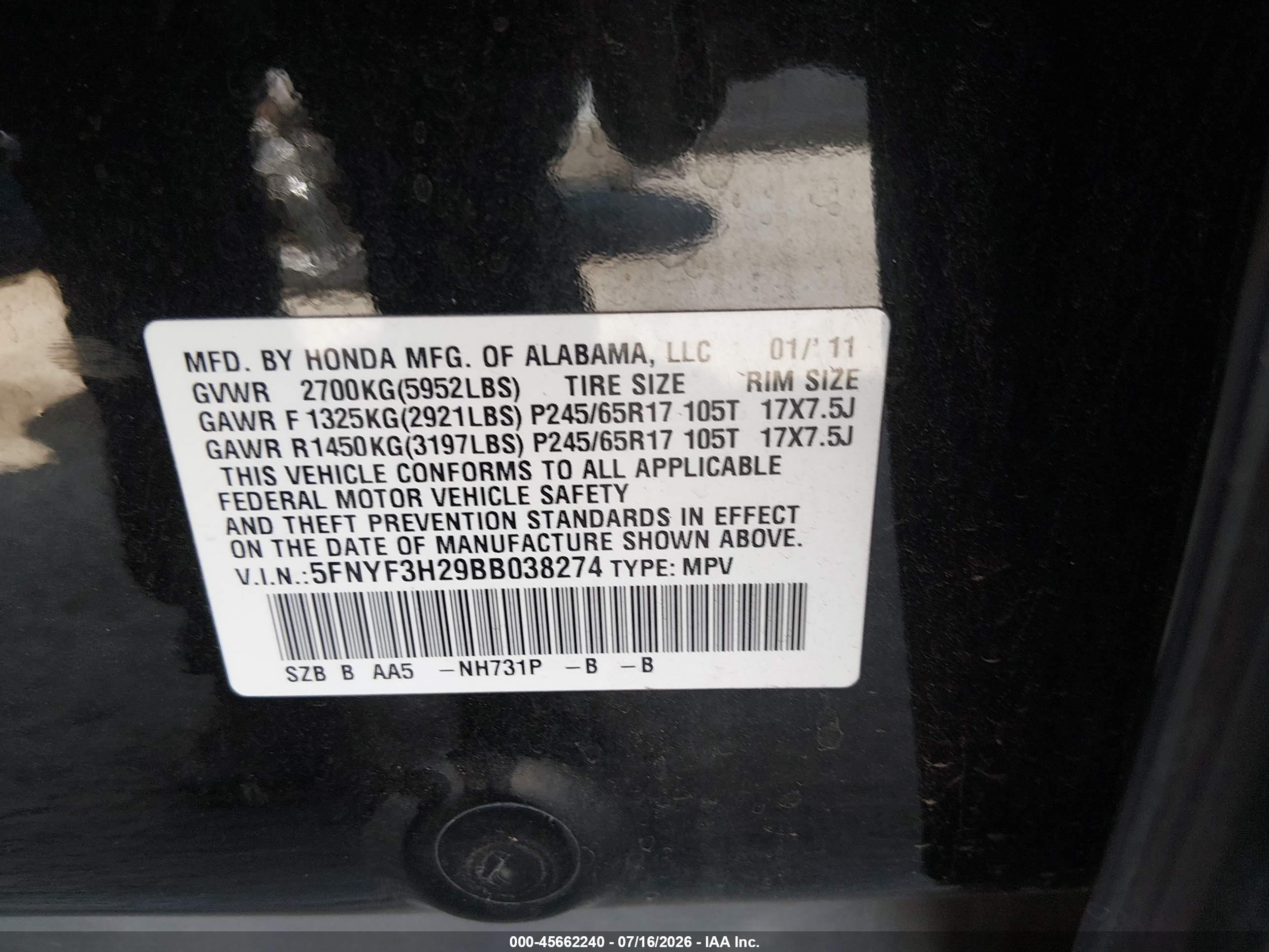 2011 Honda Pilot Lx Black vin: 5FNYF3H29BB038274