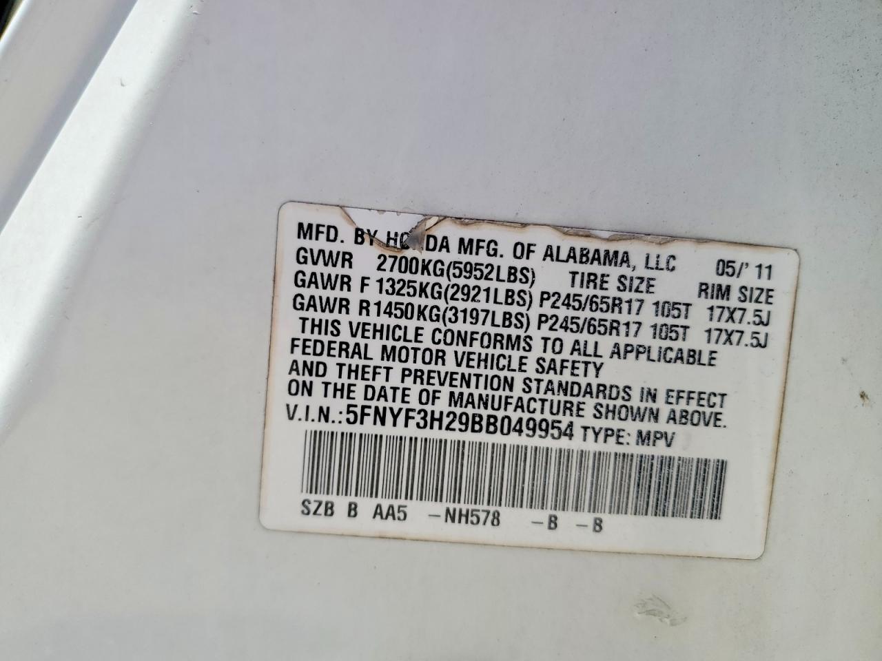 2011 Honda Pilot Lx White vin: 5FNYF3H29BB049954