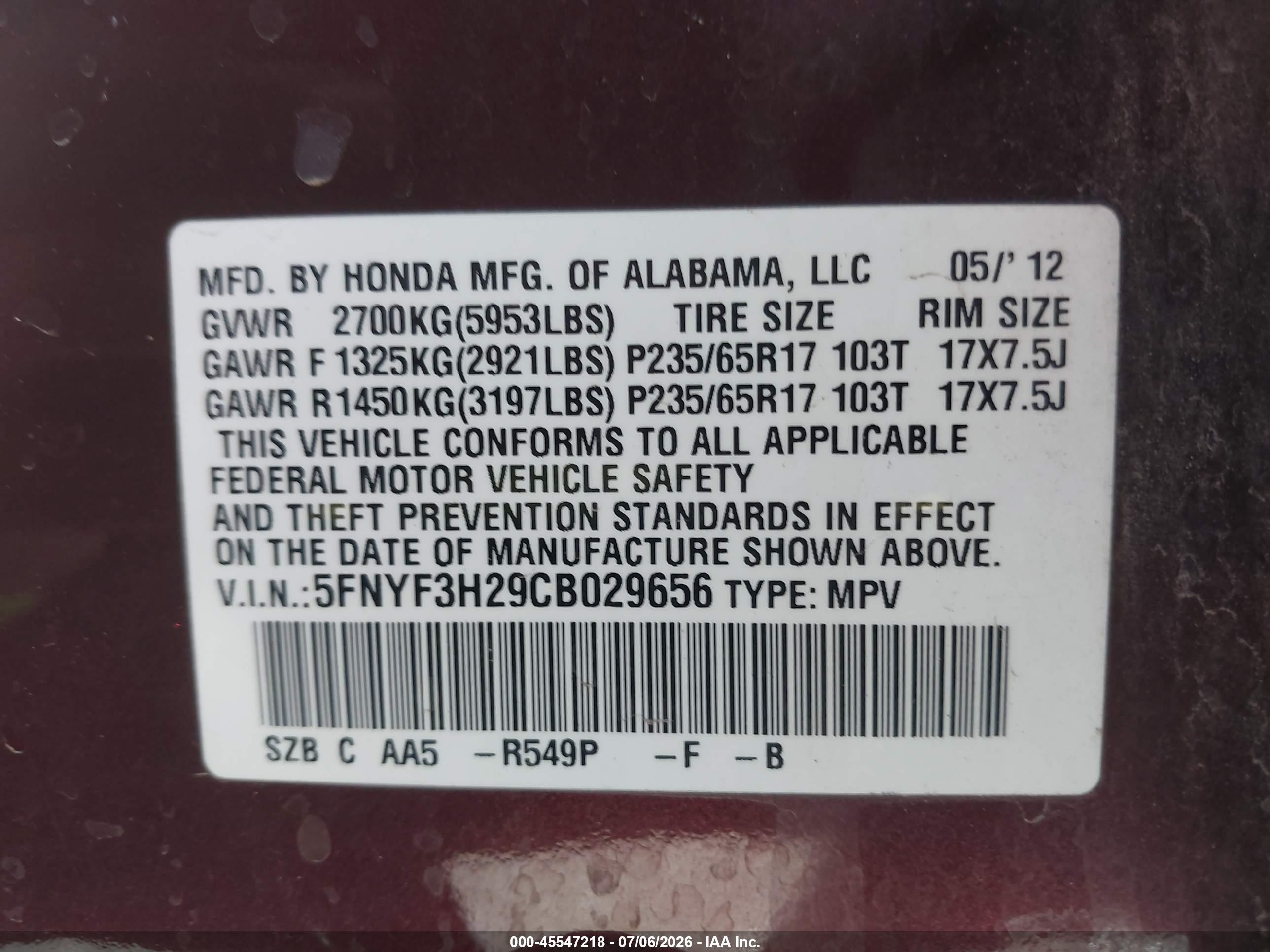 2012 Honda Pilot Lx Maroon vin: 5FNYF3H29CB029656