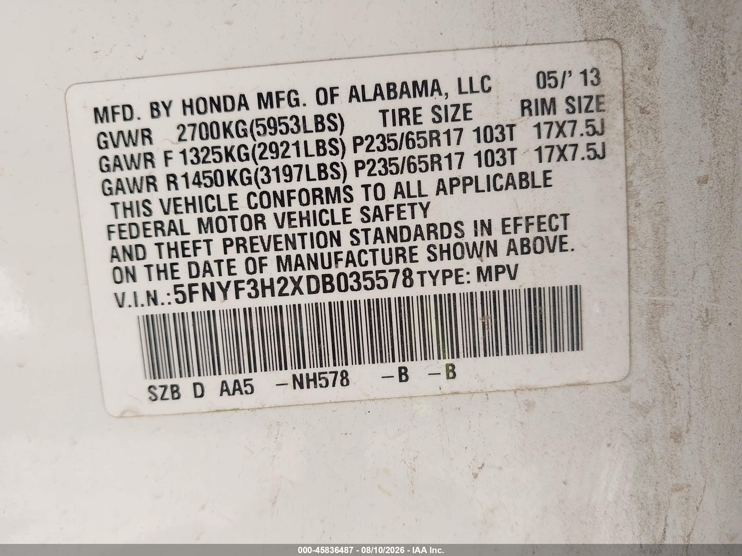 2013 Honda Pilot Lx White vin: 5FNYF3H2XDB035578