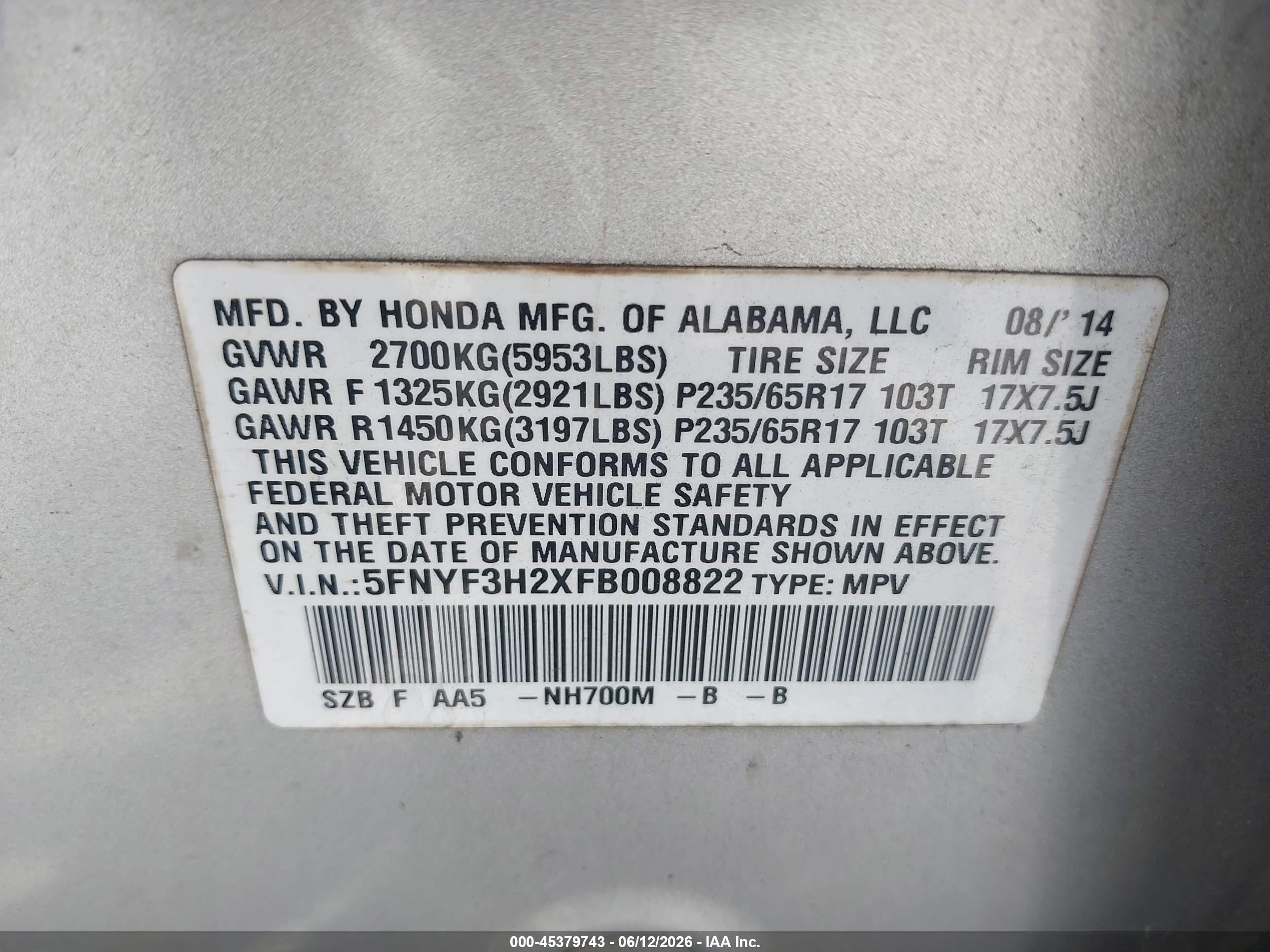 2015 Honda Pilot Lx Gray vin: 5FNYF3H2XFB008822