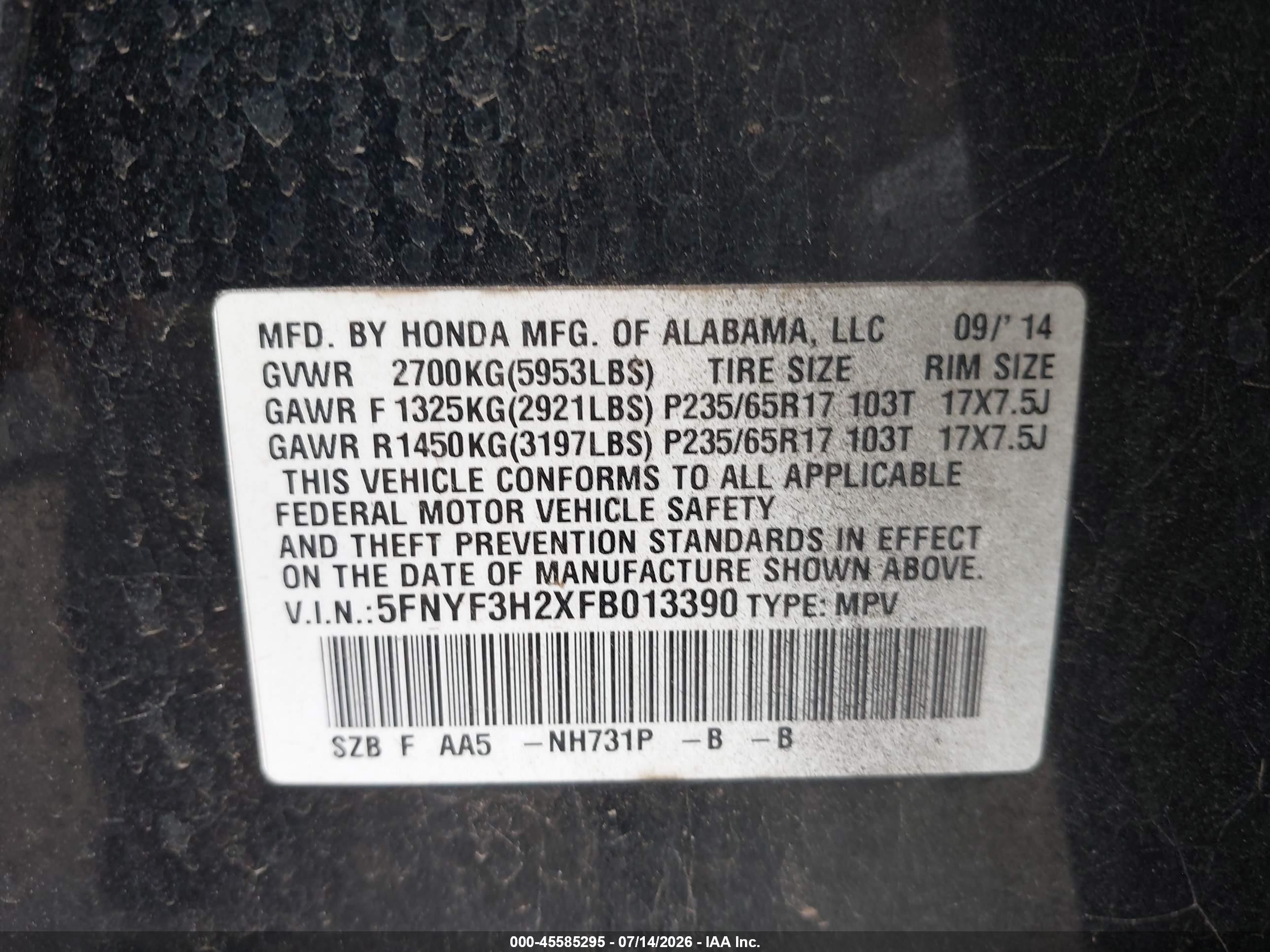 2015 Honda Pilot Lx Black vin: 5FNYF3H2XFB013390