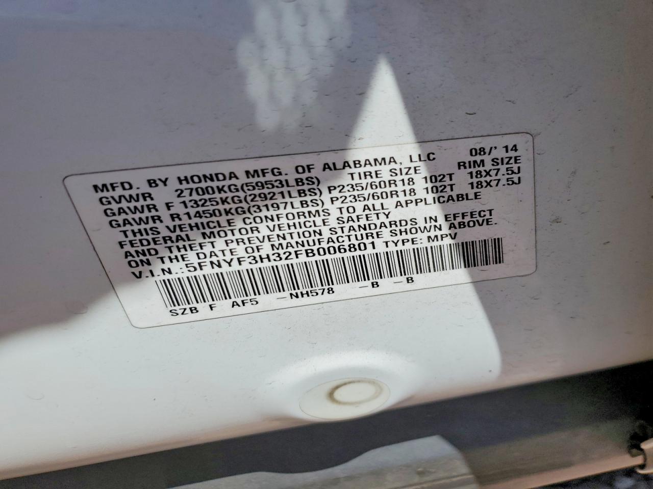 2015 Honda Pilot Se White vin: 5FNYF3H32FB006801
