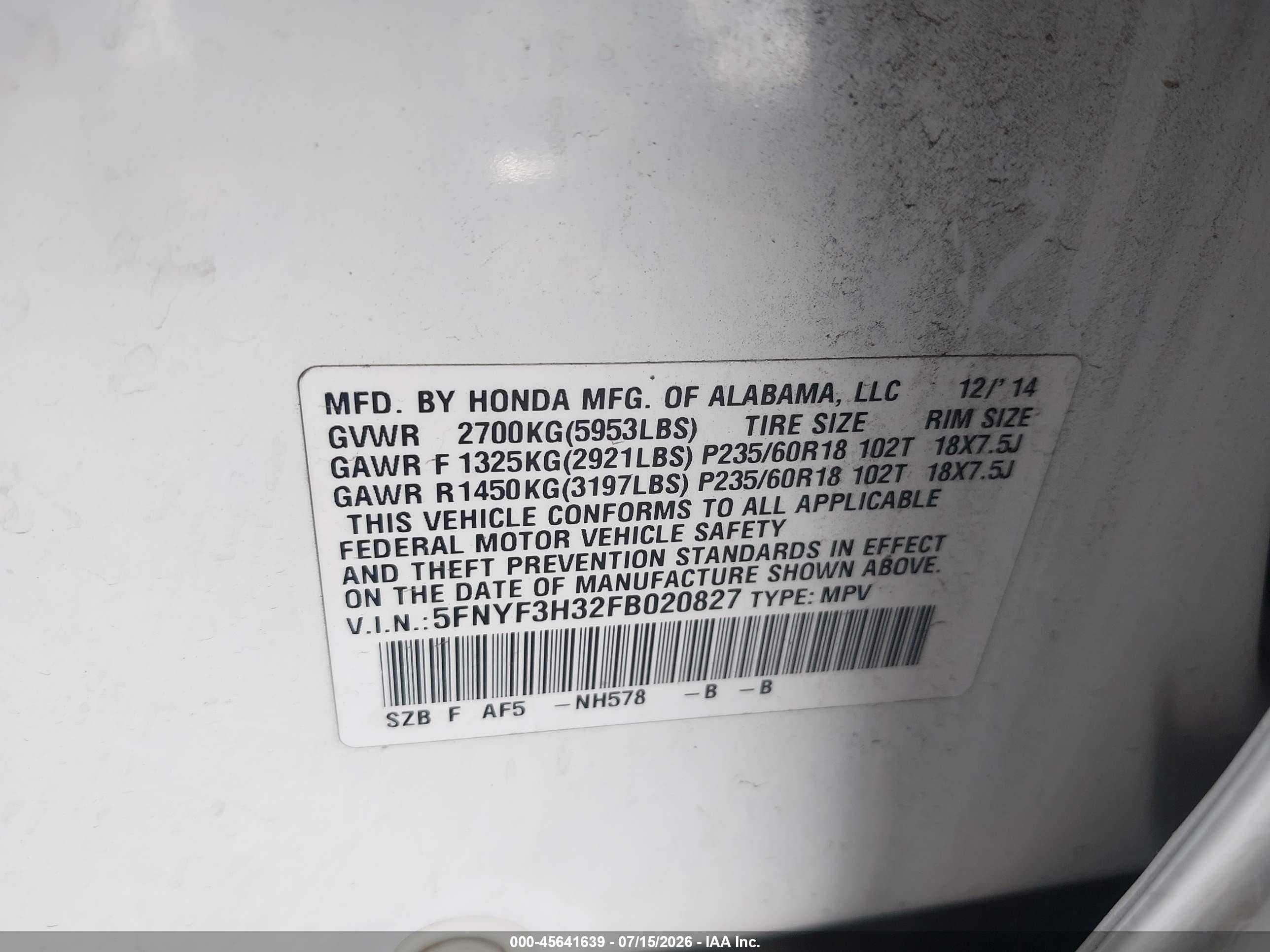2015 Honda Pilot Se White vin: 5FNYF3H32FB020827