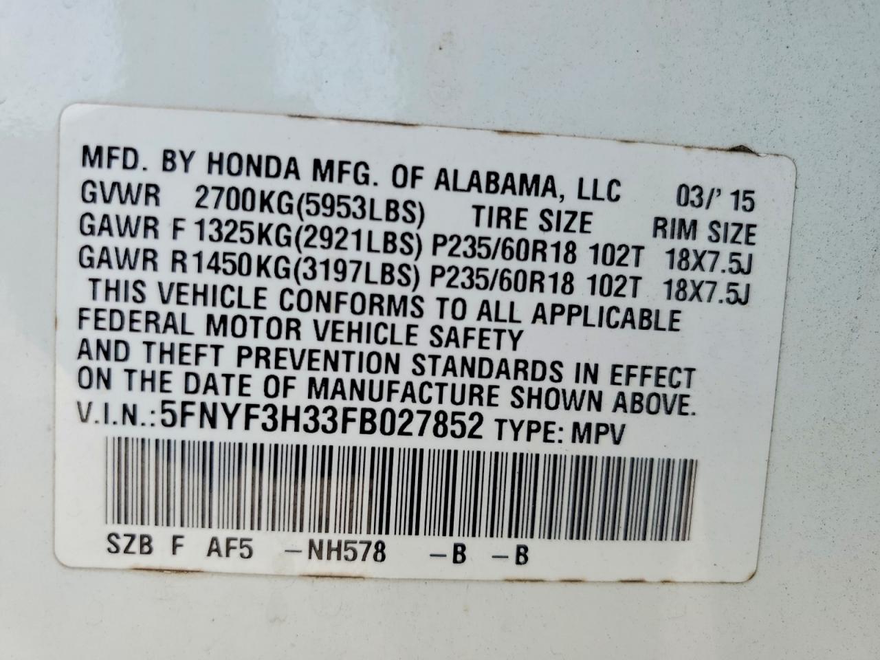 2015 Honda Pilot Se White vin: 5FNYF3H33FB027852