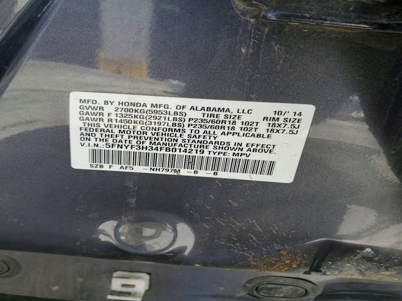 2015 Honda Pilot Se Gray vin: 5FNYF3H34FB014219