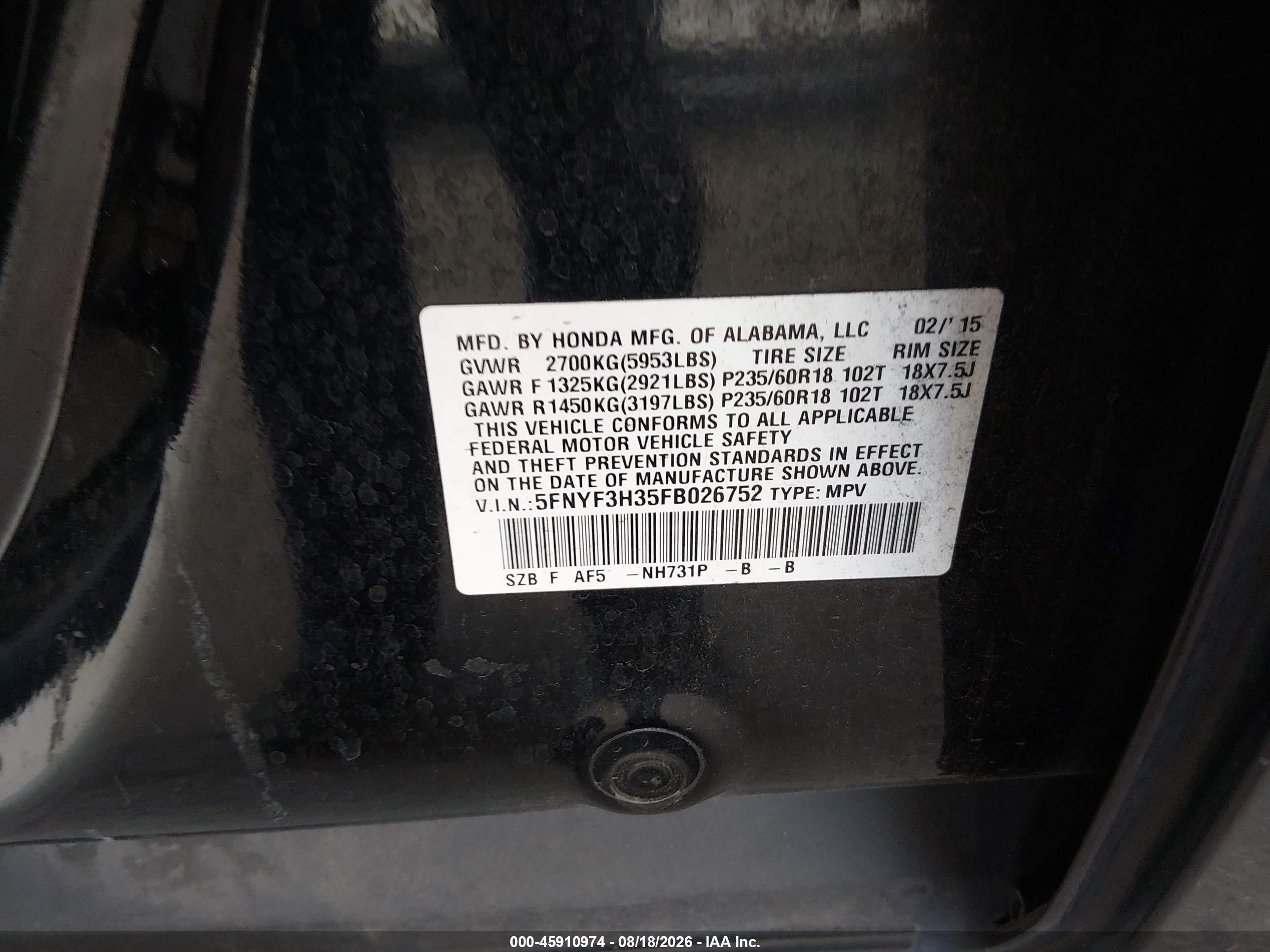 2015 Honda Pilot Se Black vin: 5FNYF3H35FB026752
