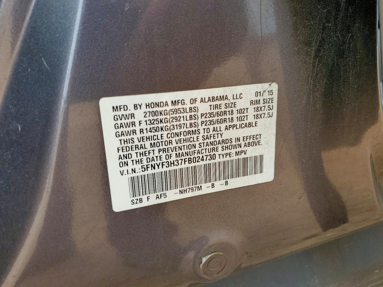 2015 Honda Pilot Se Gray vin: 5FNYF3H37FB024730