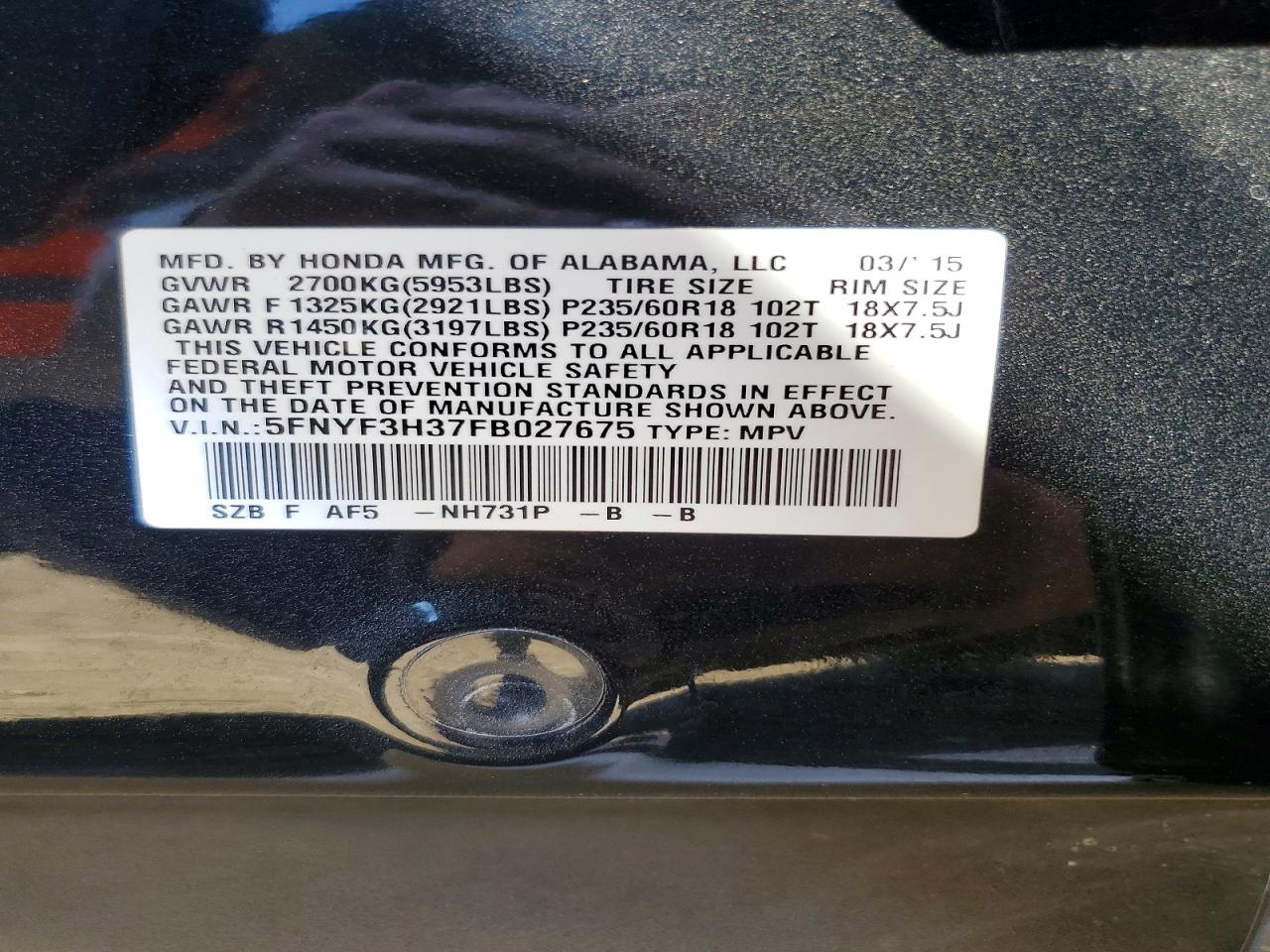 2015 Honda Pilot Se Black vin: 5FNYF3H37FB027675