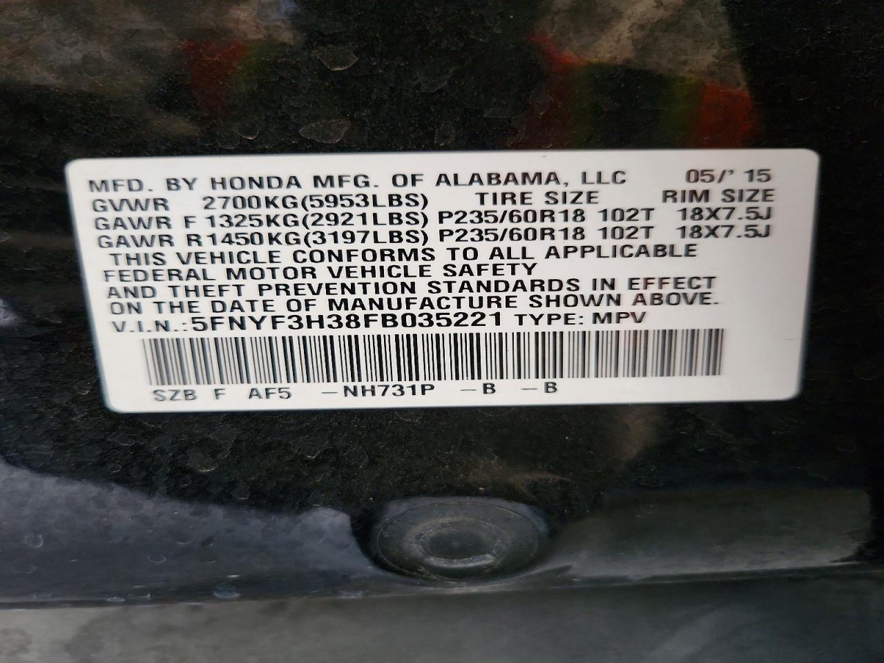 2015 Honda Pilot Se Black vin: 5FNYF3H38FB035221