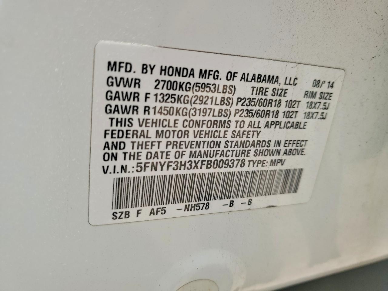 2015 Honda Pilot Se White vin: 5FNYF3H3XFB009378