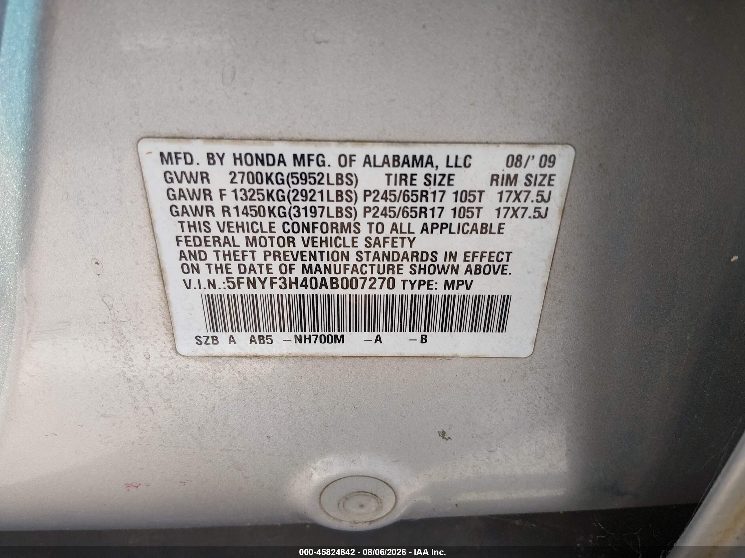 2010 Honda Pilot Ex Silver vin: 5FNYF3H40AB007270