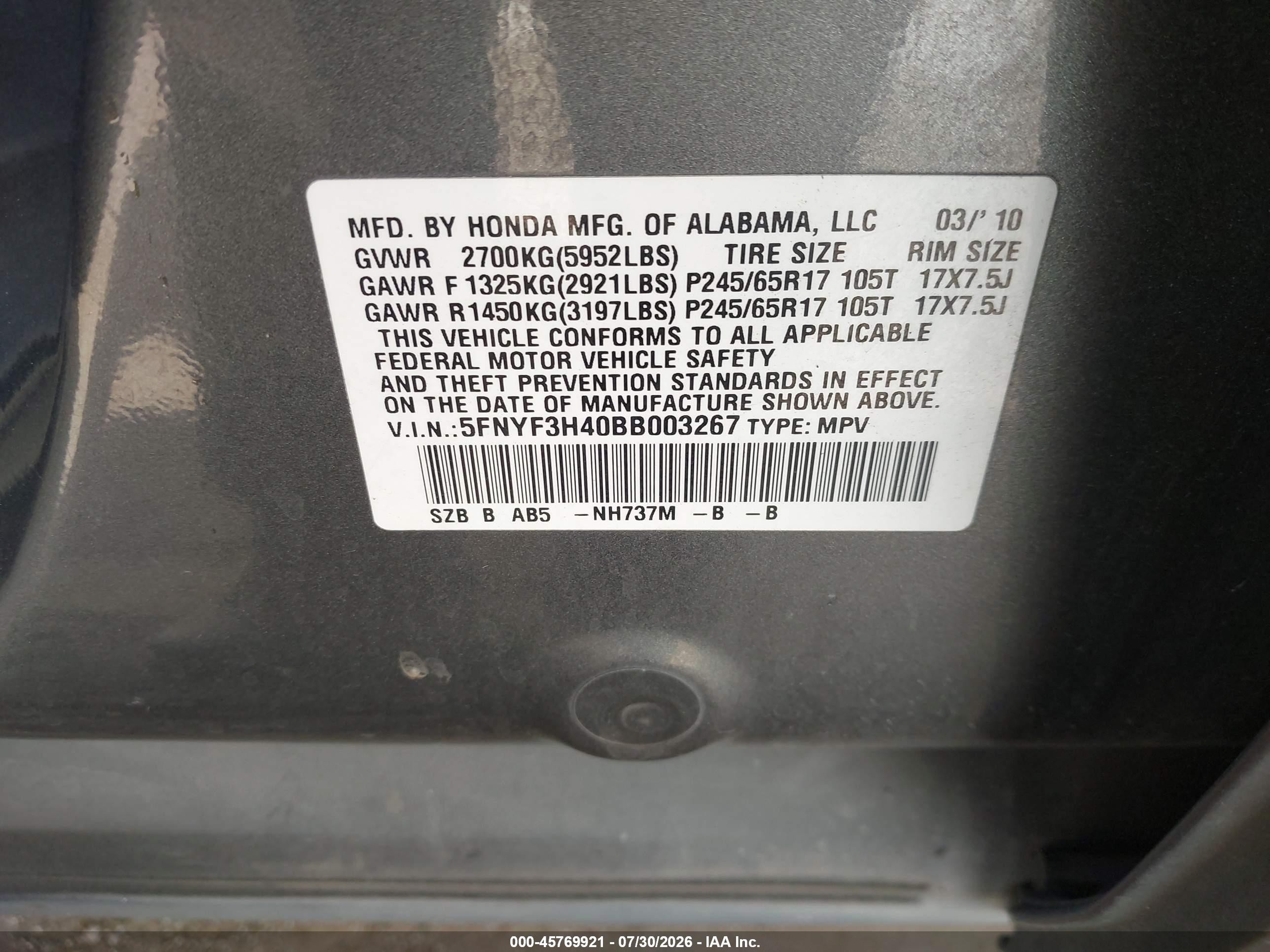 2011 Honda Pilot Ex Gray vin: 5FNYF3H40BB003267