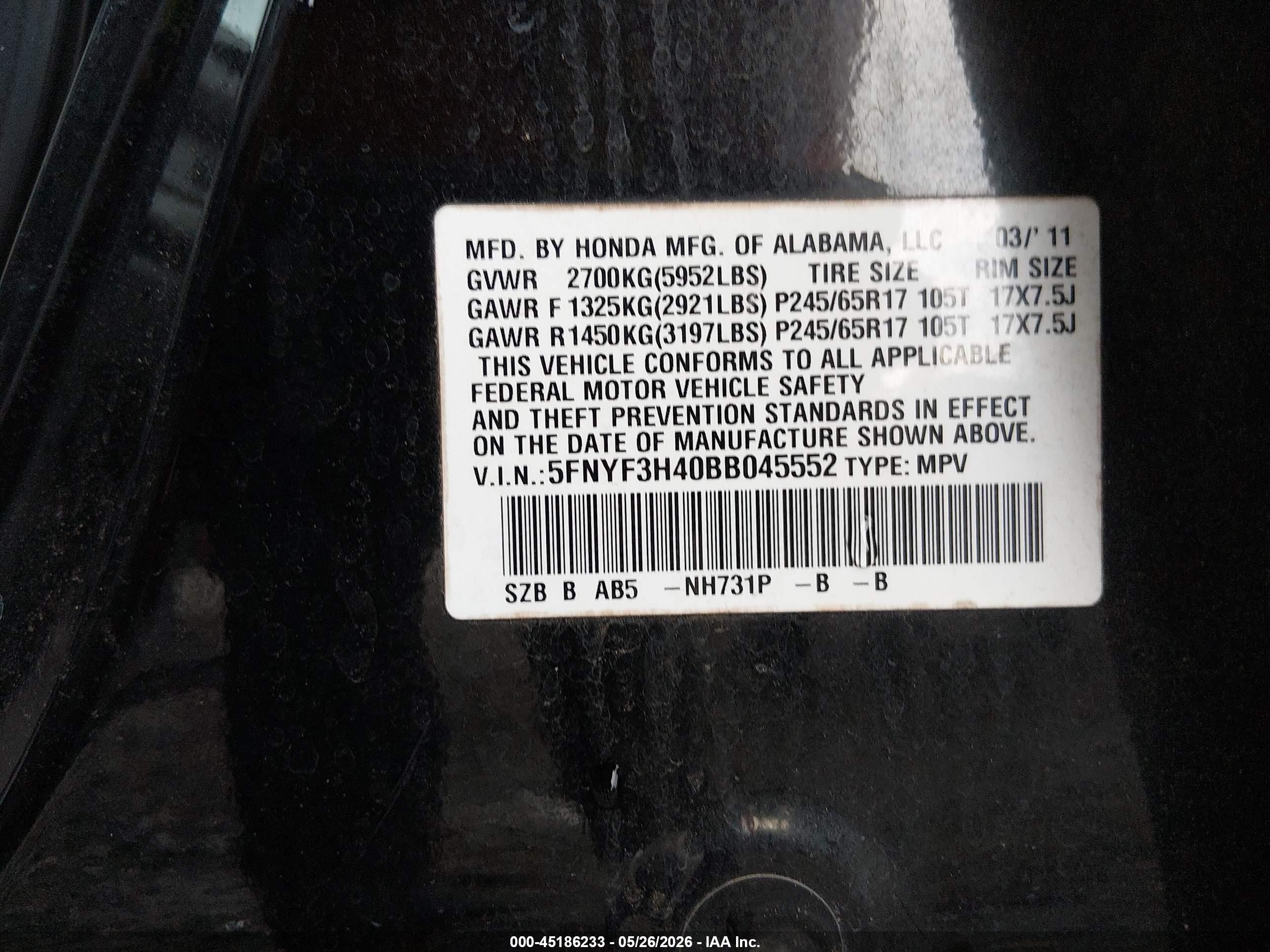 2011 Honda Pilot Ex Черный vin: 5FNYF3H40BB045552
