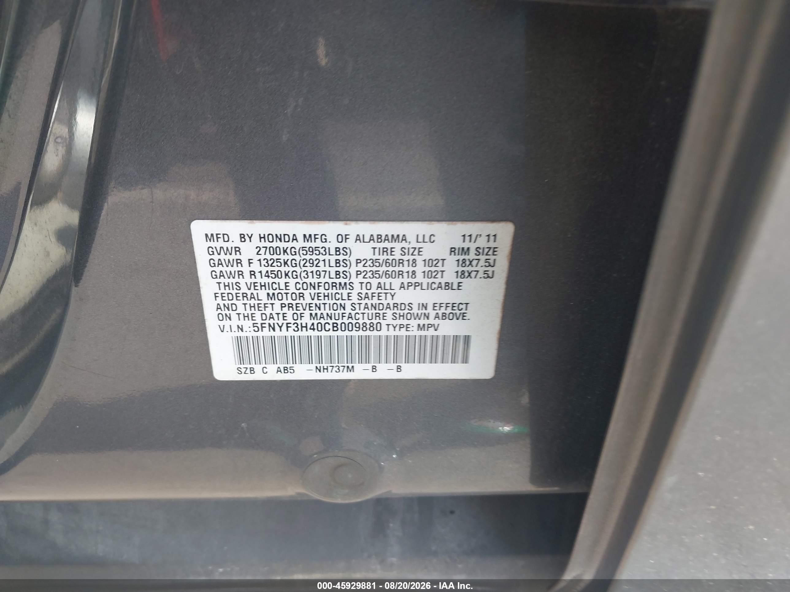 2012 Honda Pilot Ex Gray vin: 5FNYF3H40CB009880