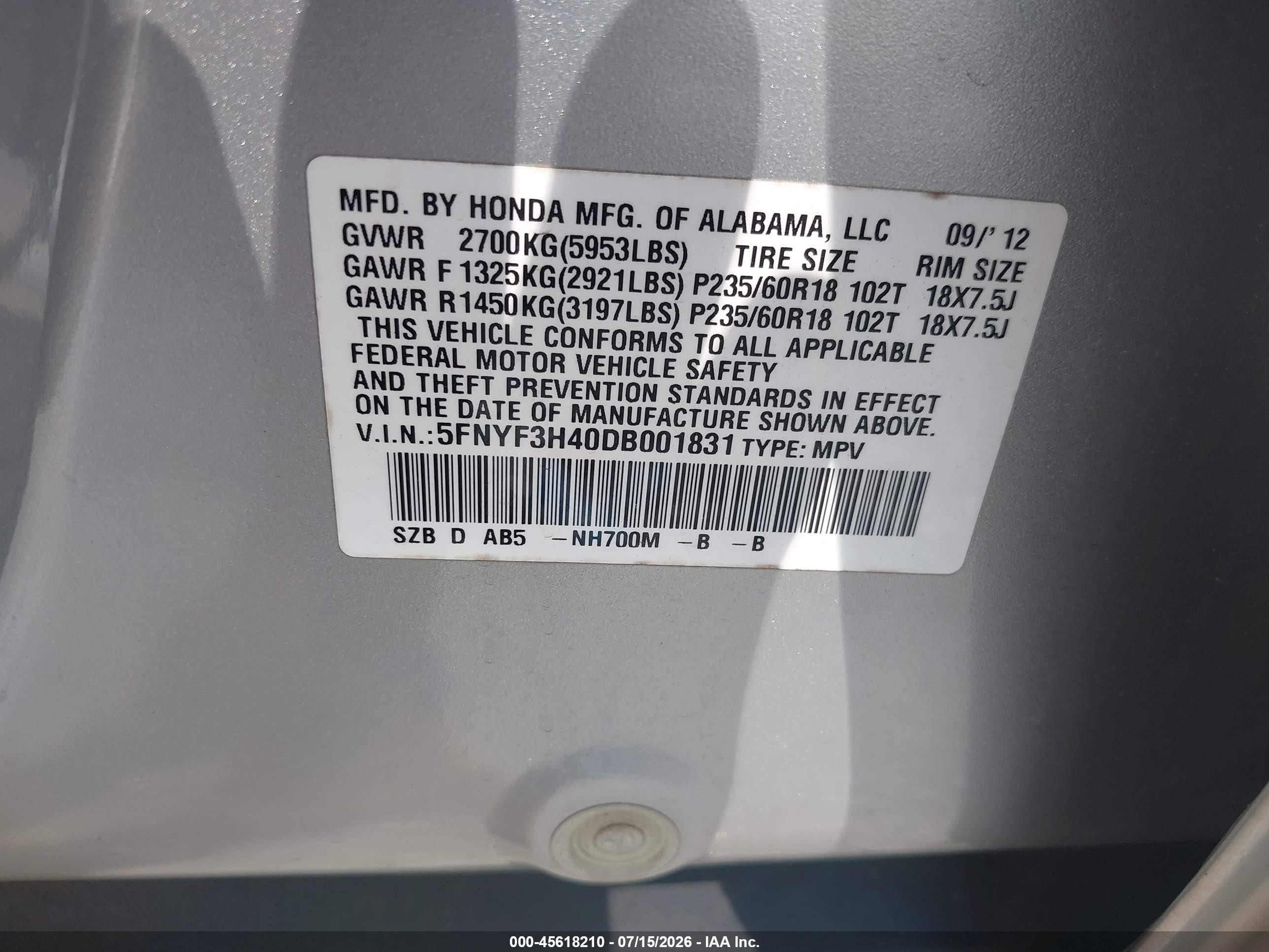 2013 Honda Pilot Ex Silver vin: 5FNYF3H40DB001831