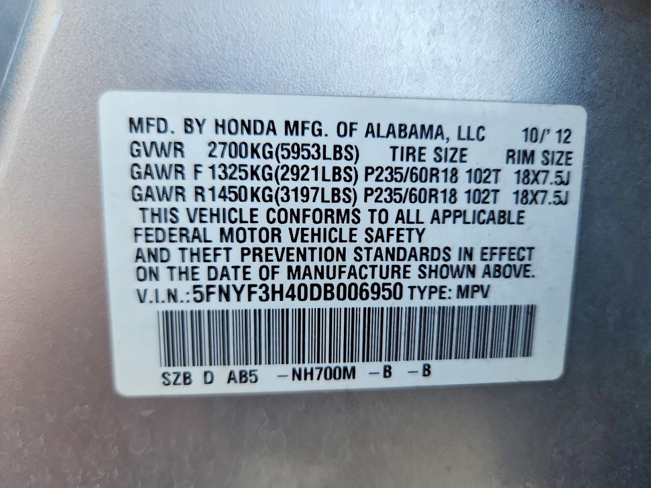 2013 Honda Pilot Ex Silver vin: 5FNYF3H40DB006950