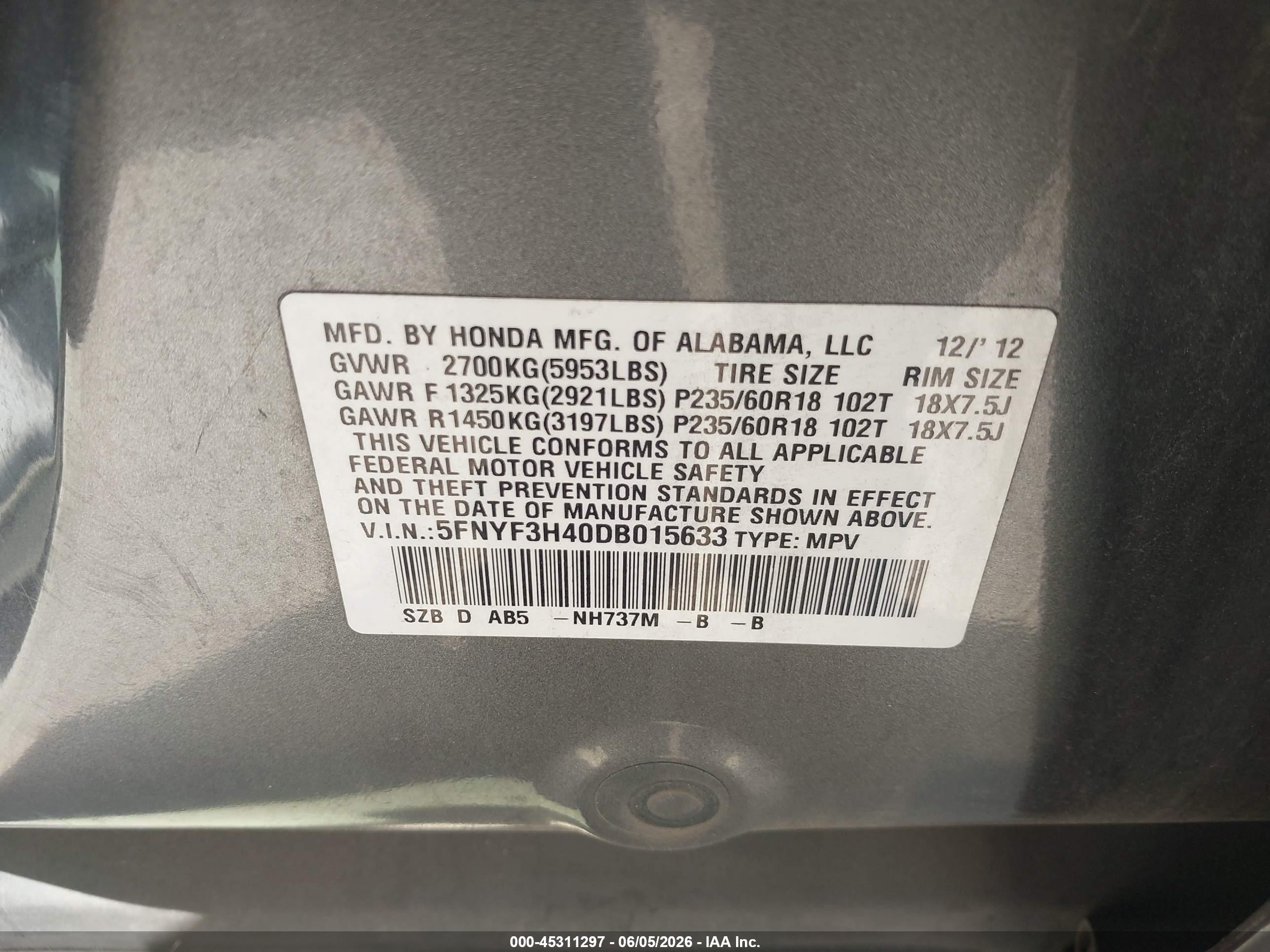 2013 Honda Pilot Ex Gray vin: 5FNYF3H40DB015633