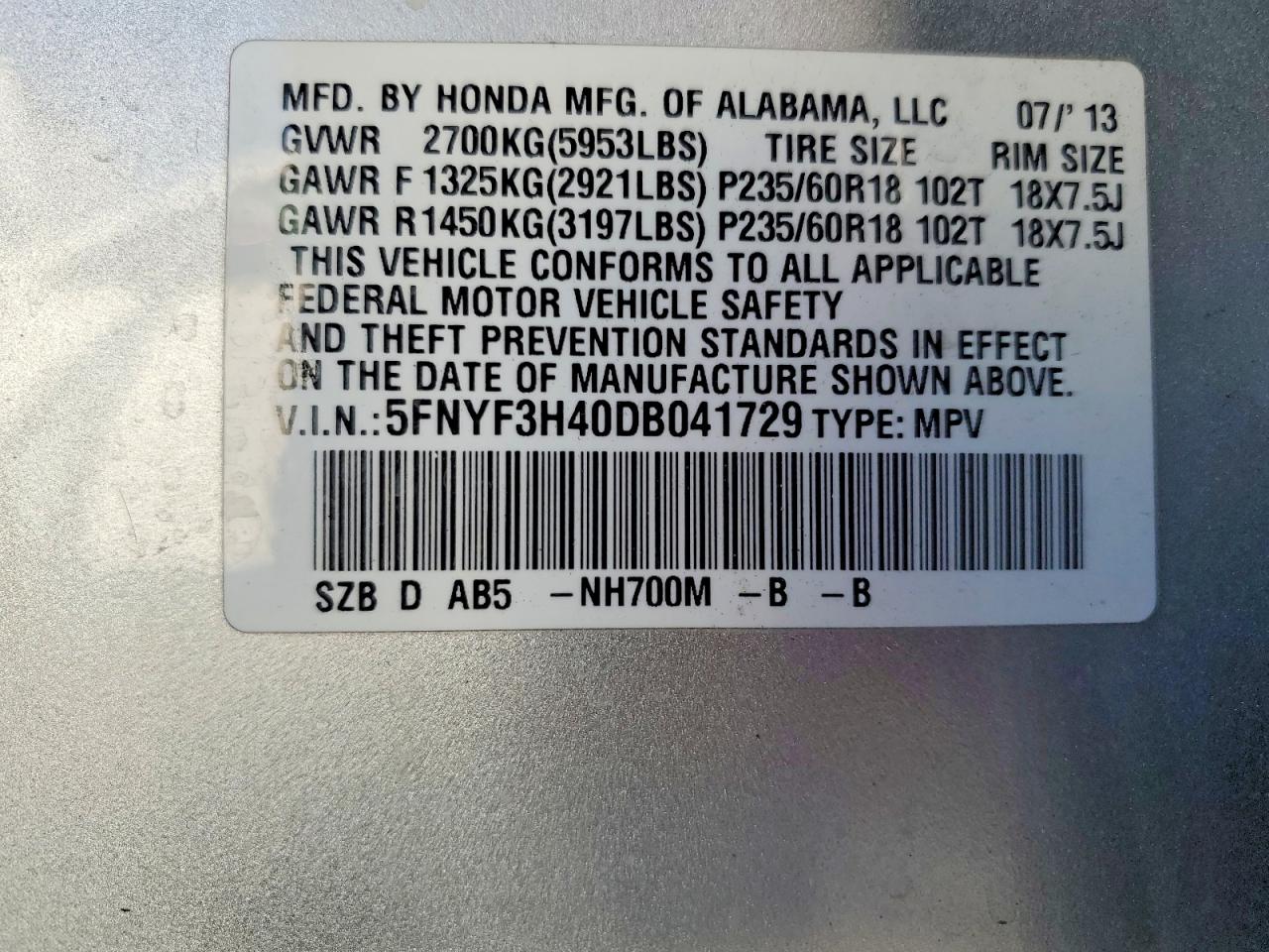 2013 Honda Pilot Ex Серебряный vin: 5FNYF3H40DB041729