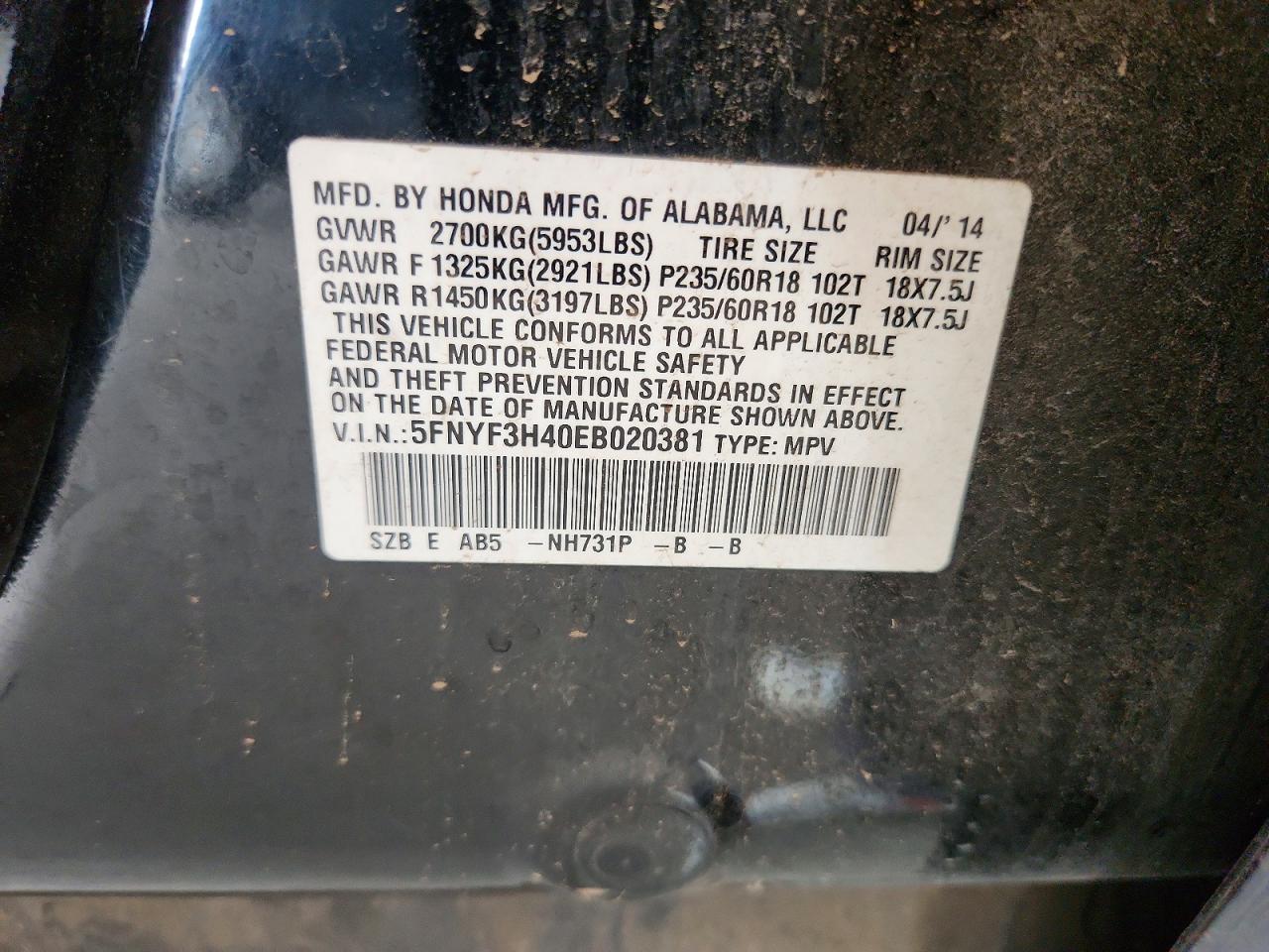 2014 Honda Pilot Ex Черный vin: 5FNYF3H40EB020381