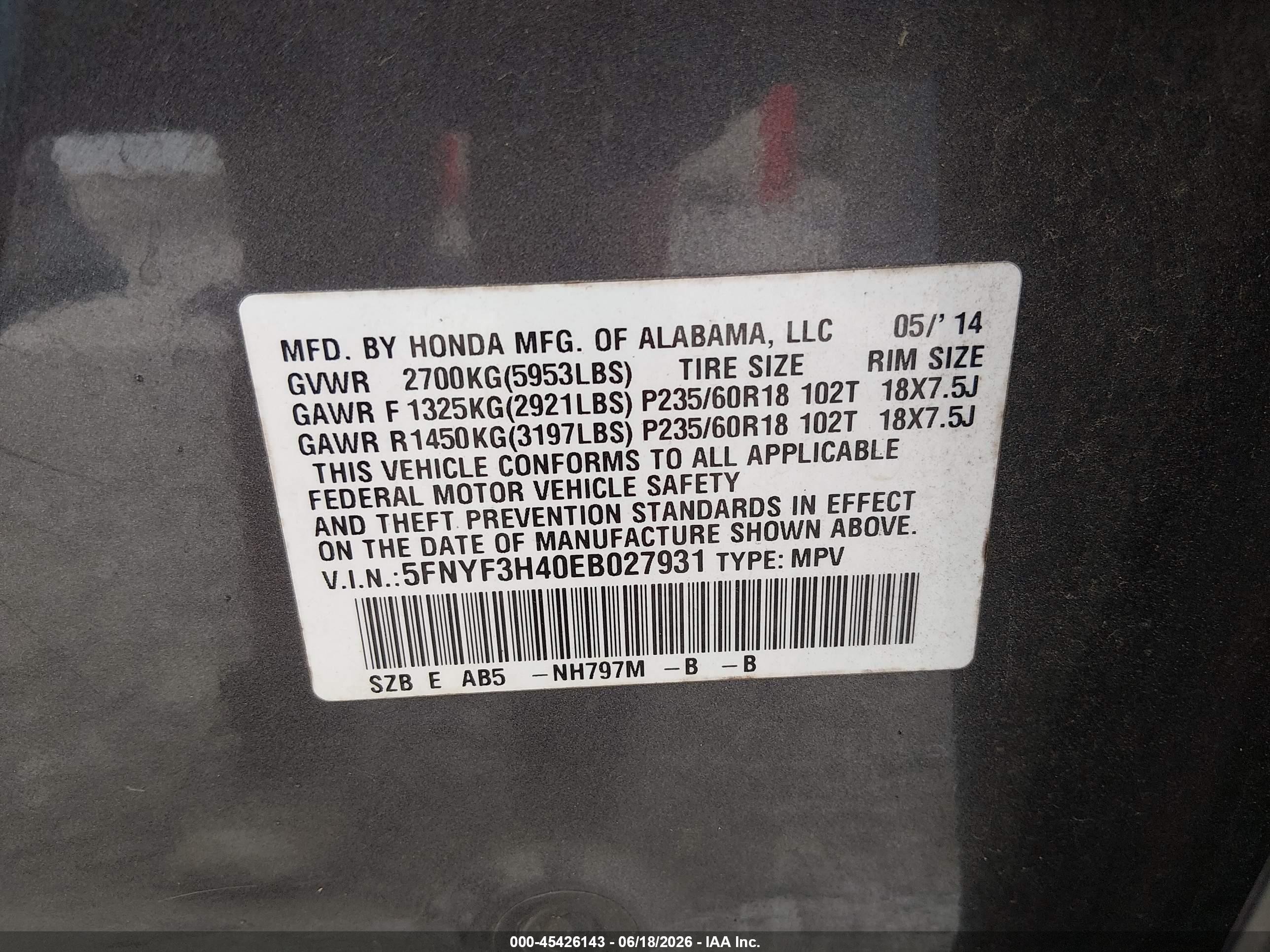 2014 Honda Pilot Ex Gray vin: 5FNYF3H40EB027931