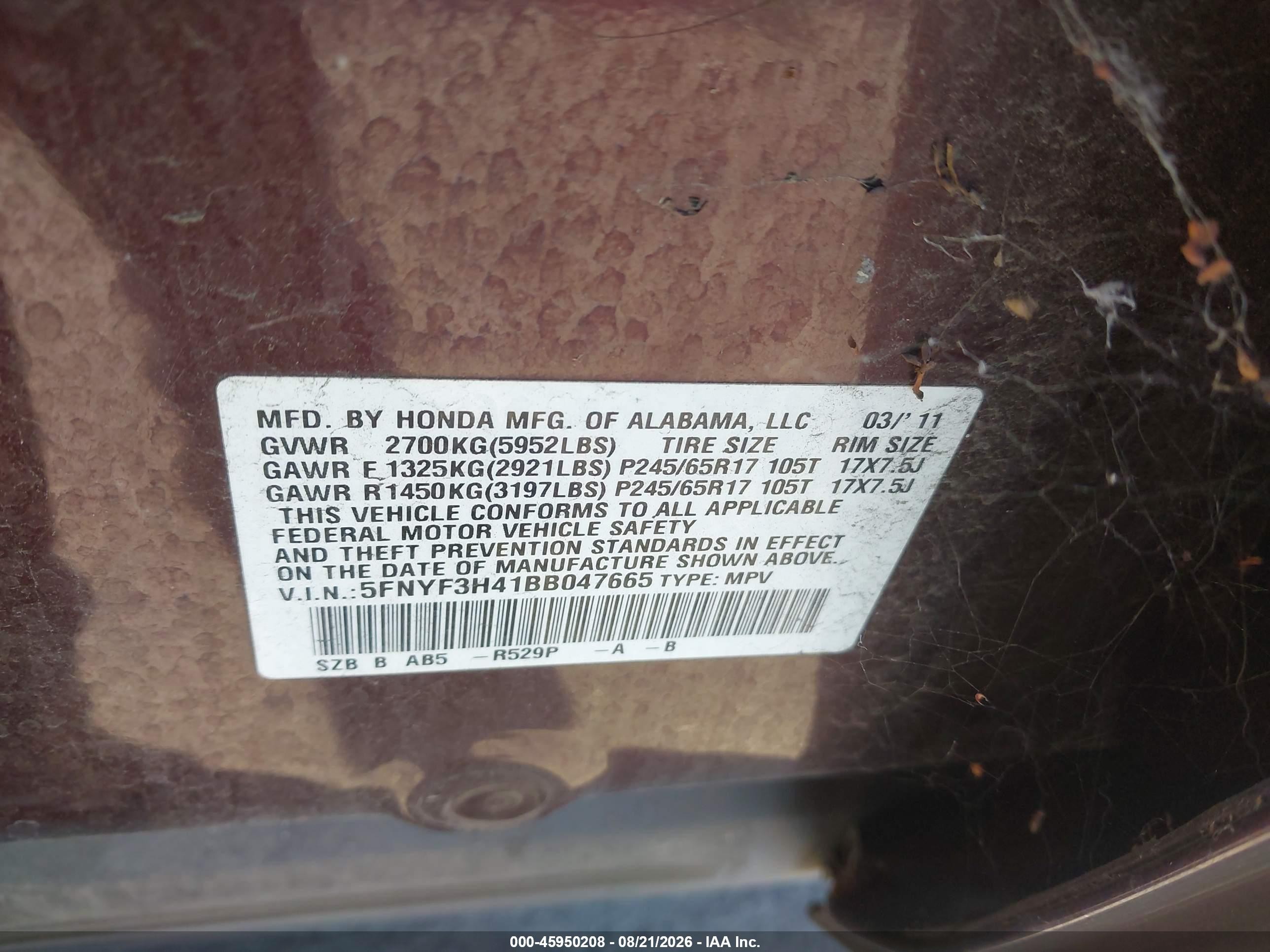 2011 Honda Pilot Ex Burgundy vin: 5FNYF3H41BB047665
