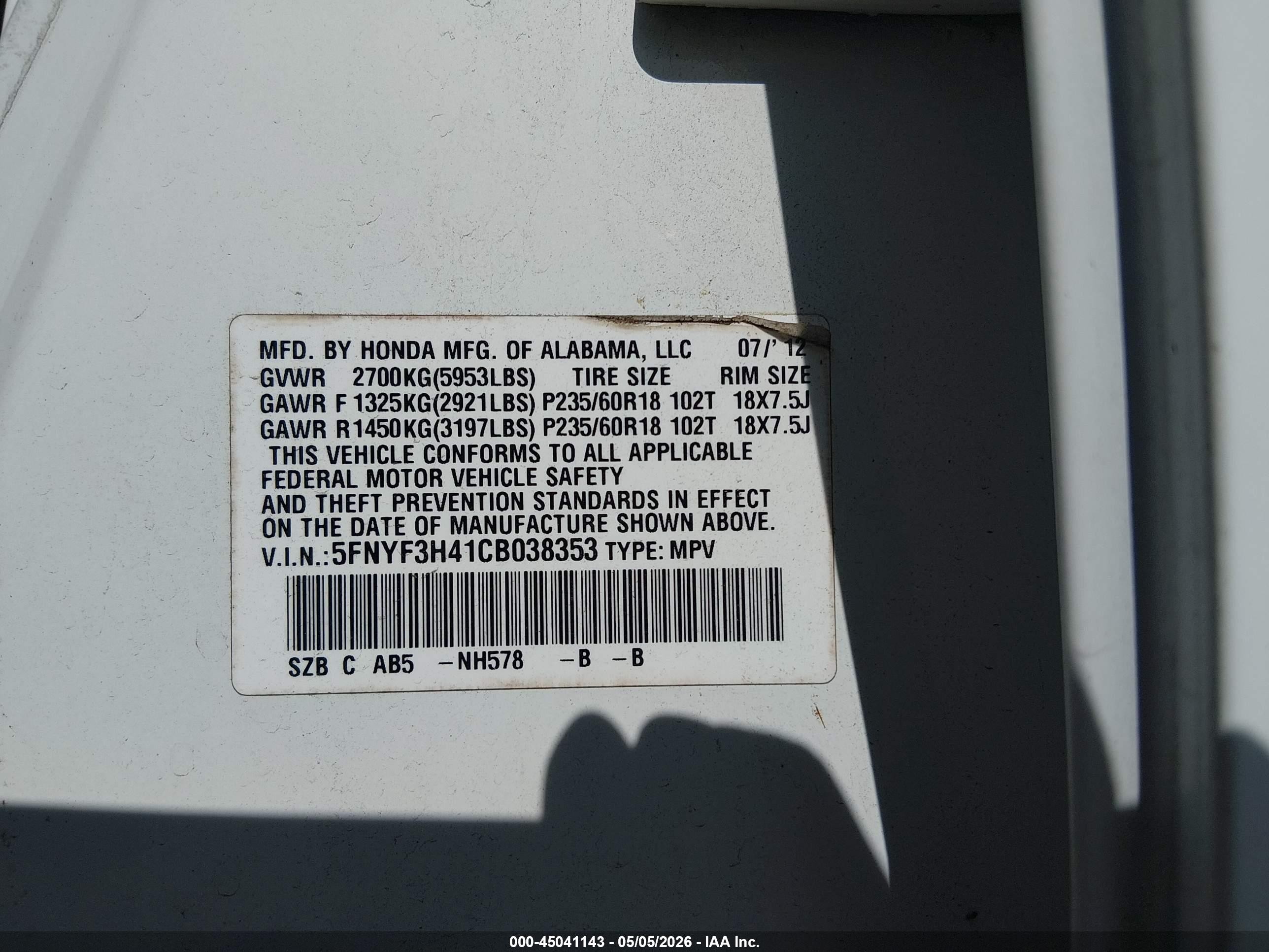 2012 Honda Pilot Ex White vin: 5FNYF3H41CB038353