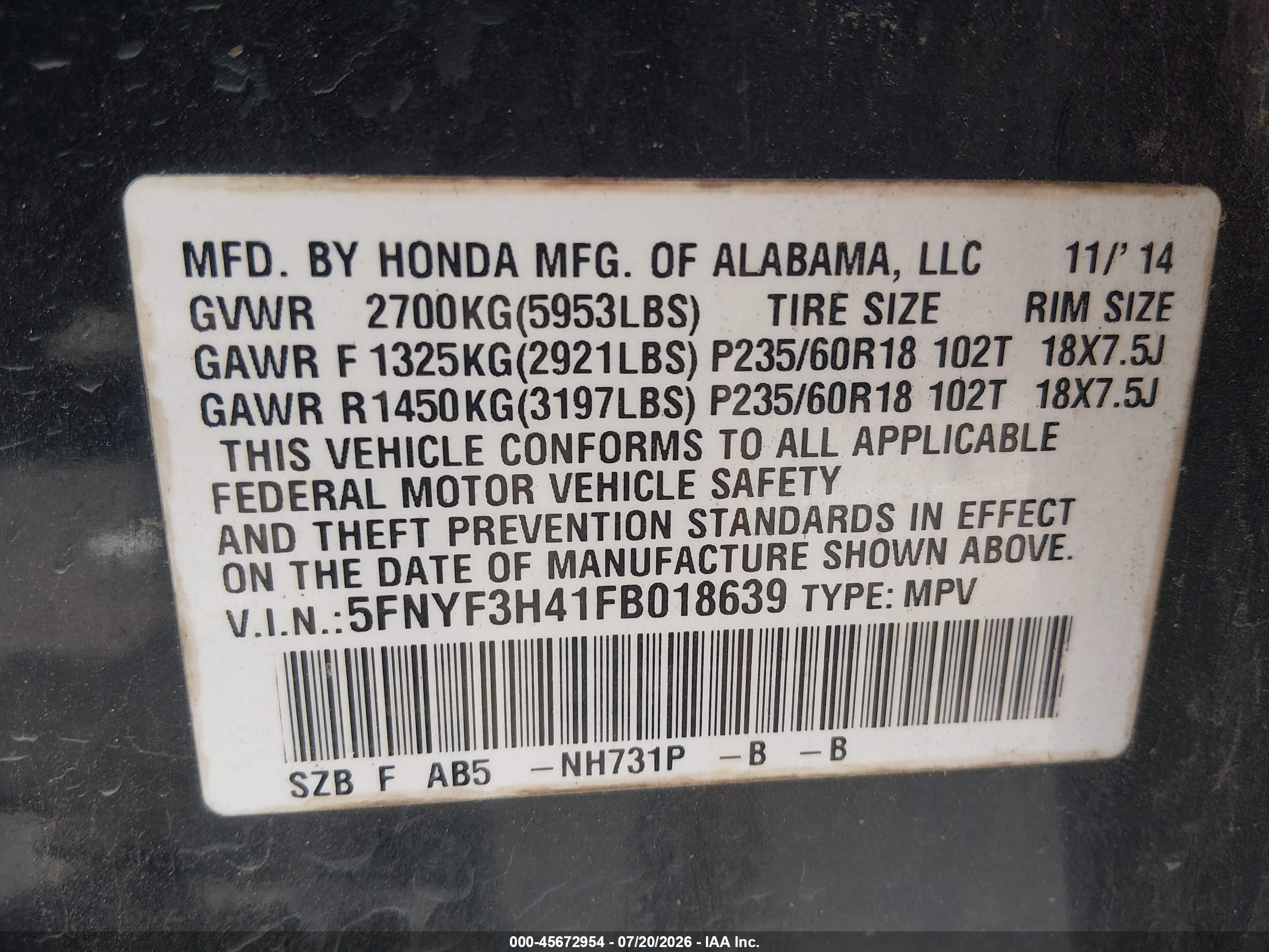 2015 Honda Pilot Ex Black vin: 5FNYF3H41FB018639
