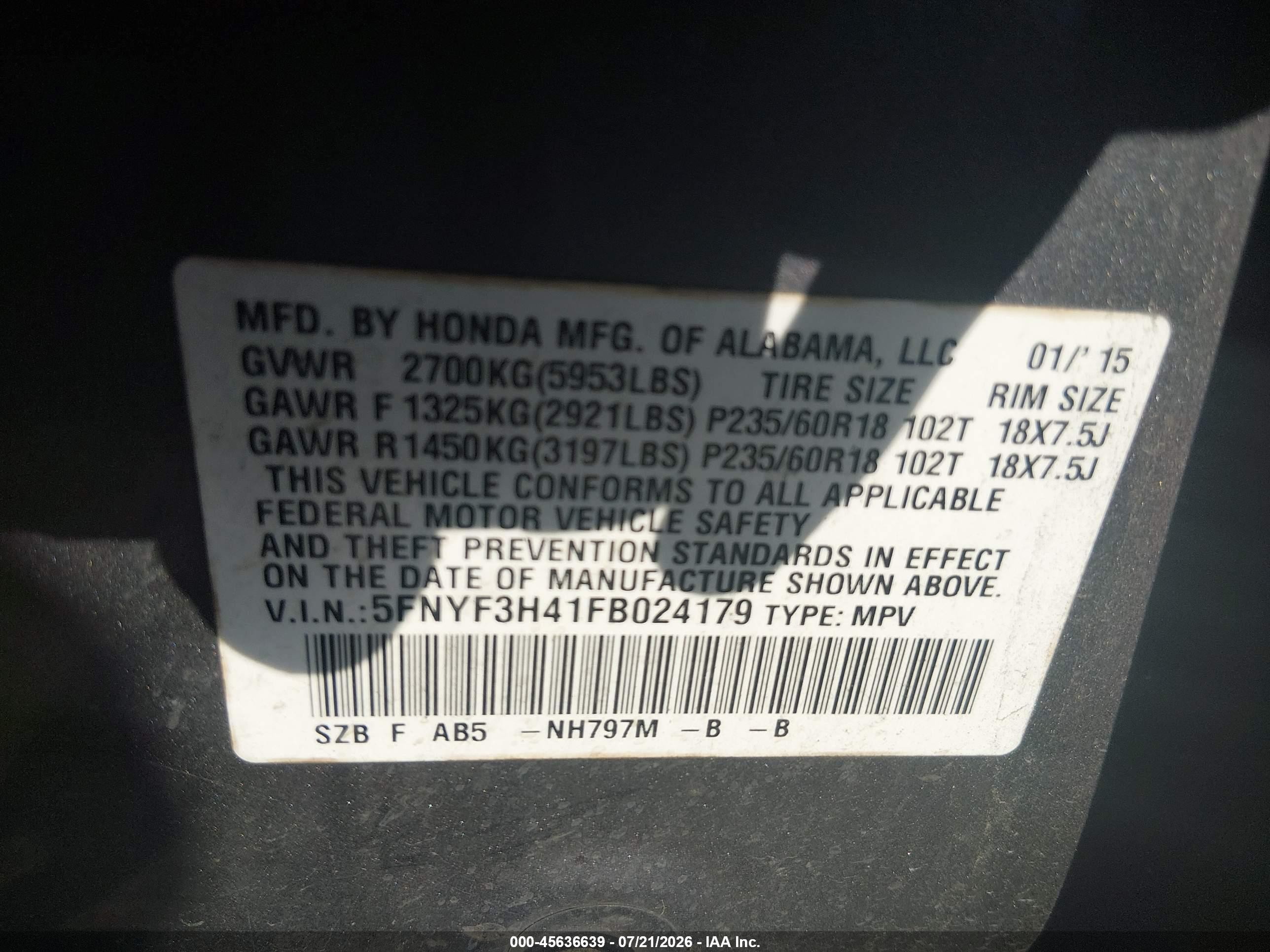 2015 Honda Pilot Ex Gray vin: 5FNYF3H41FB024179