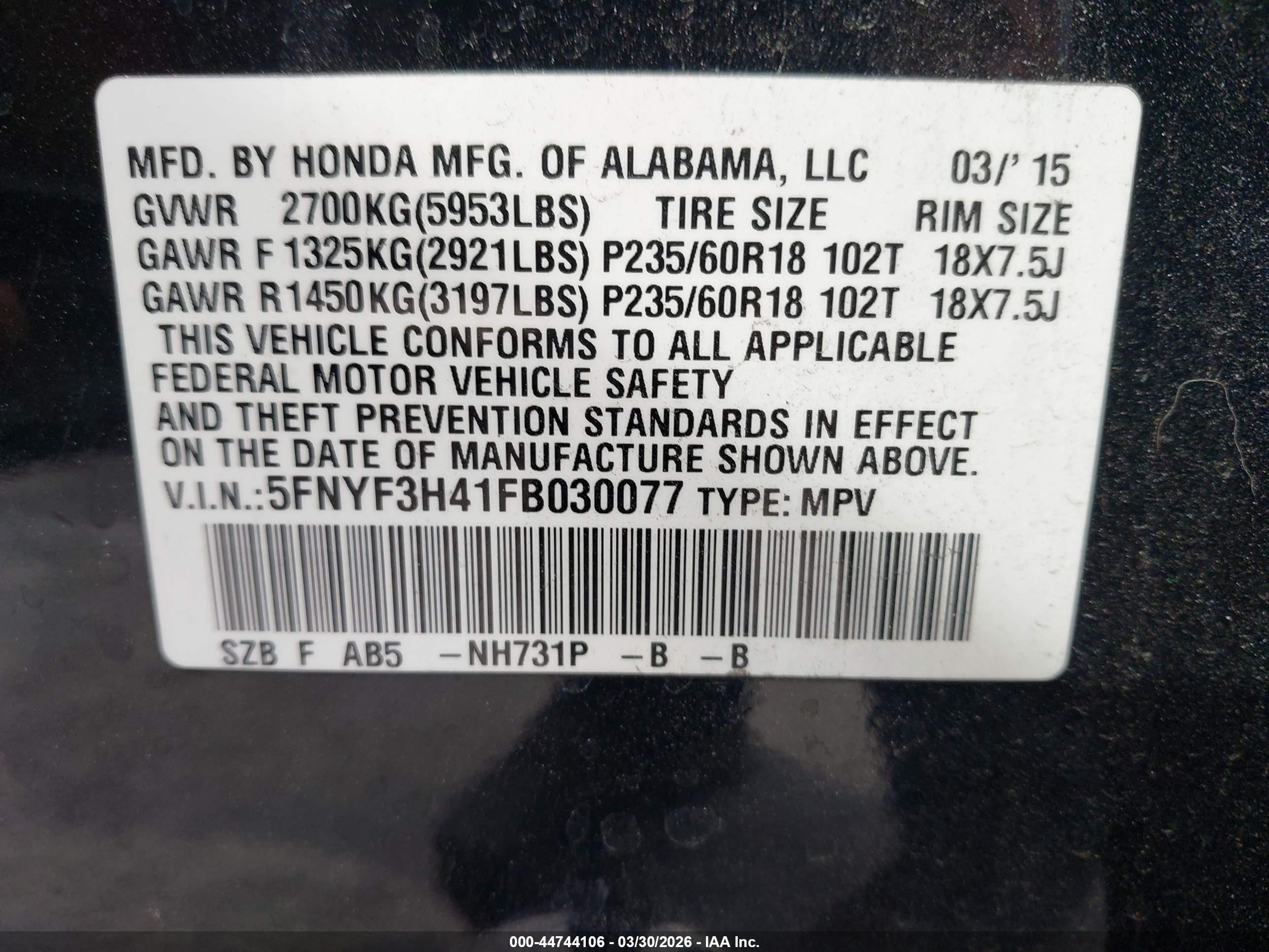 2015 Honda Pilot Ex Black vin: 5FNYF3H41FB030077