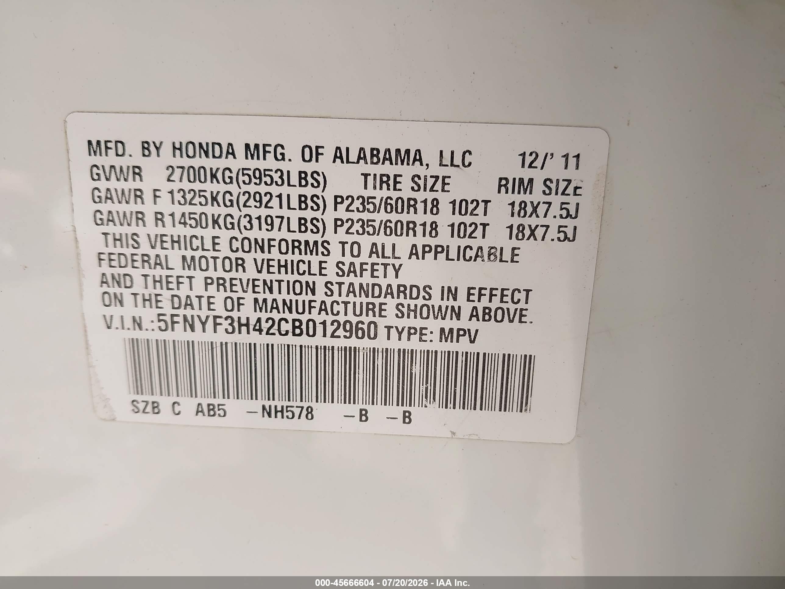 2012 Honda Pilot Ex White vin: 5FNYF3H42CB012960