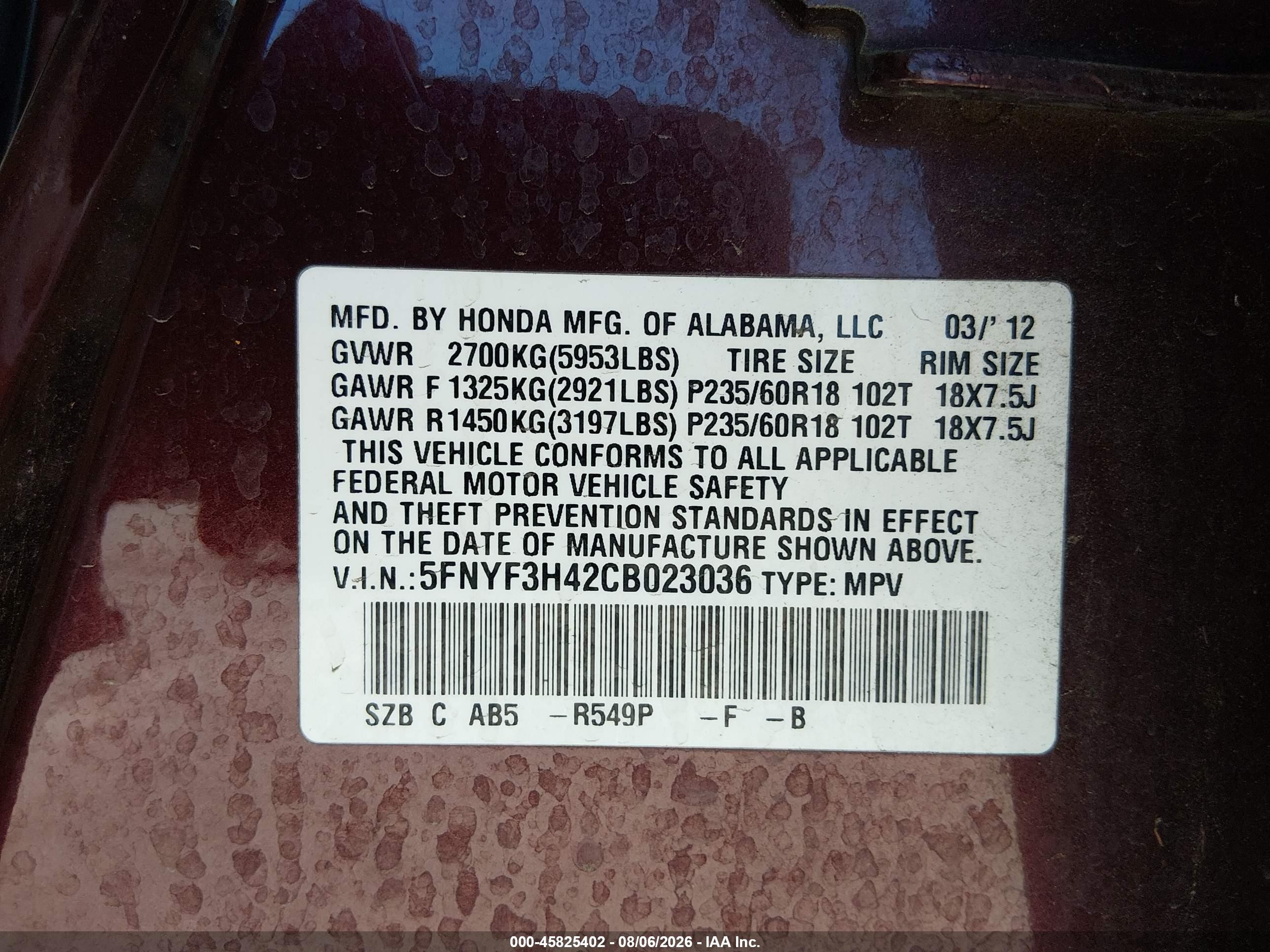 2012 Honda Pilot Ex Maroon vin: 5FNYF3H42CB023036