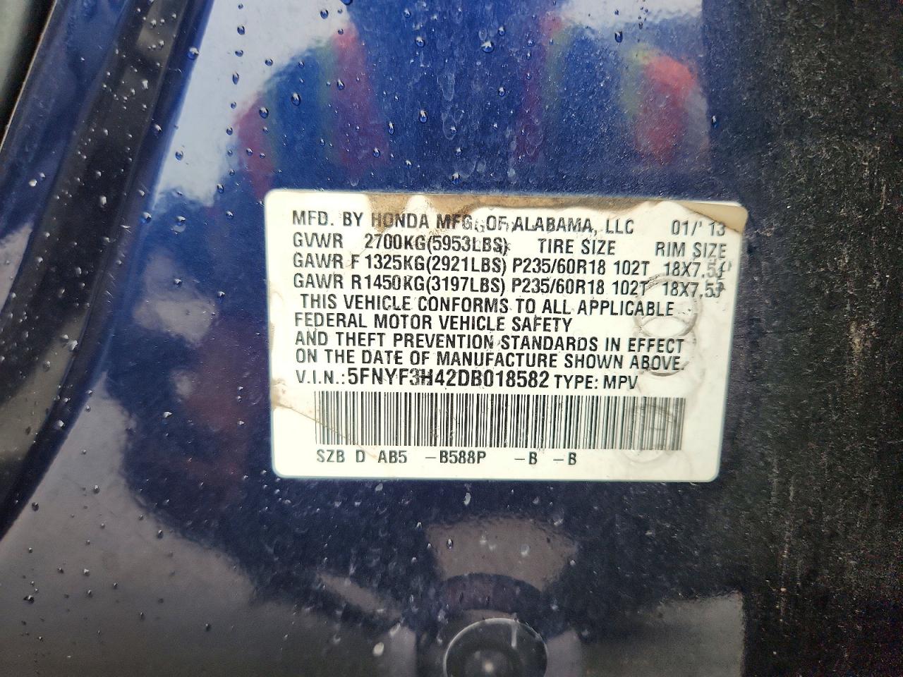 2013 Honda Pilot Ex Blue vin: 5FNYF3H42DB018582