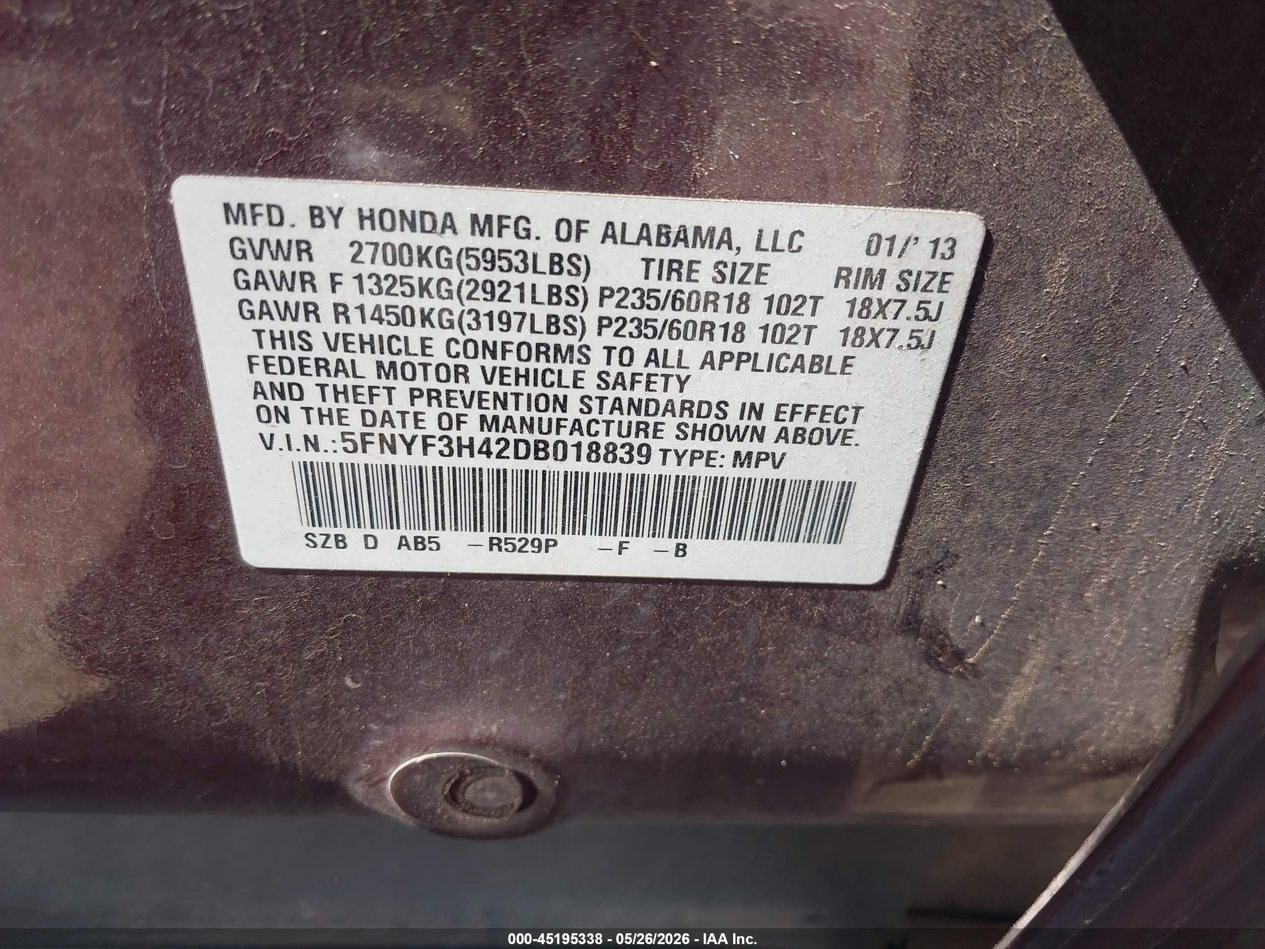 2013 Honda Pilot Ex Maroon vin: 5FNYF3H42DB018839