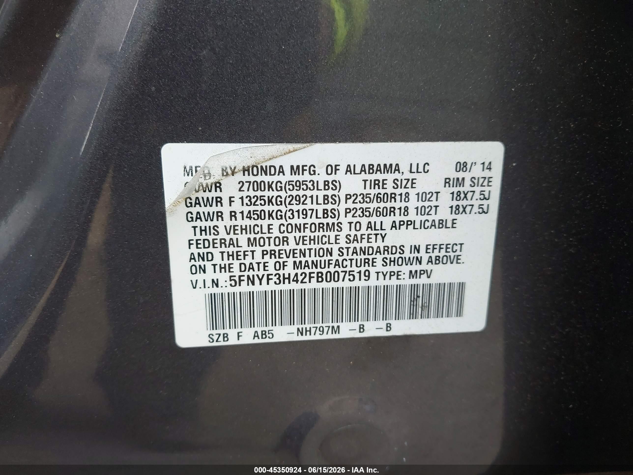 2015 Honda Pilot Ex Gray vin: 5FNYF3H42FB007519