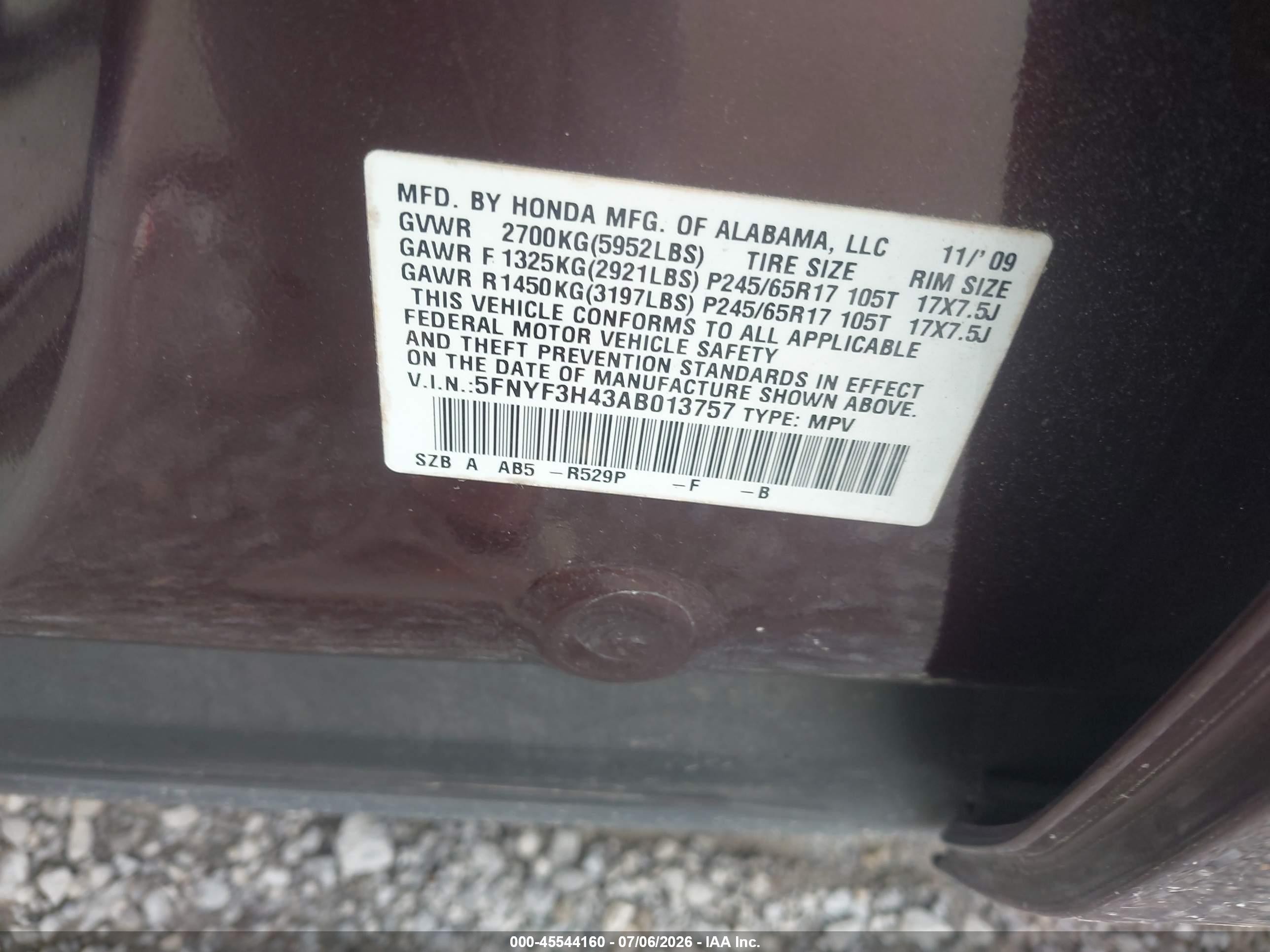 2010 Honda Pilot Ex Burgundy vin: 5FNYF3H43AB013757