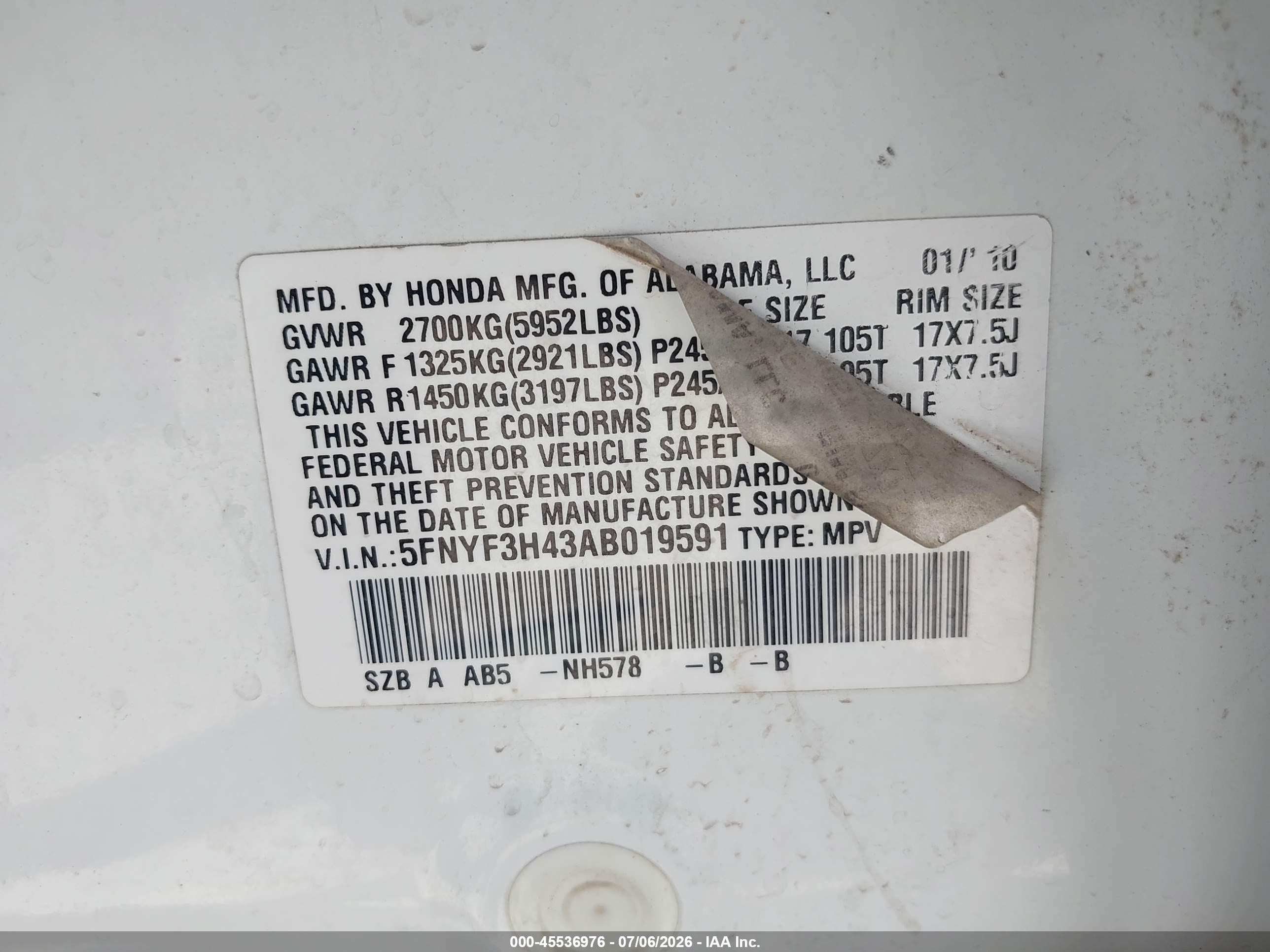 2010 Honda Pilot Ex White vin: 5FNYF3H43AB019591