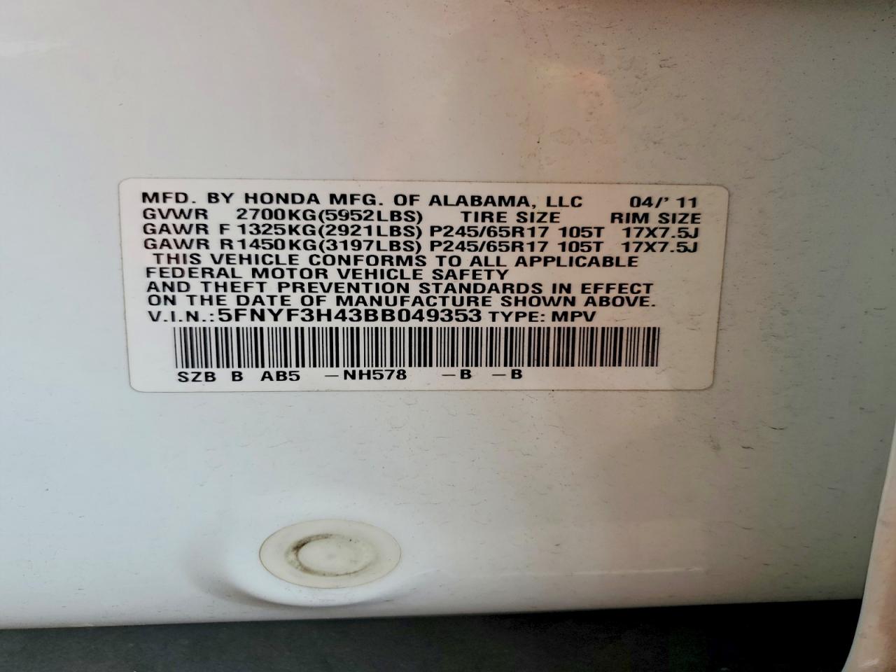 2011 Honda Pilot Ex White vin: 5FNYF3H43BB049353