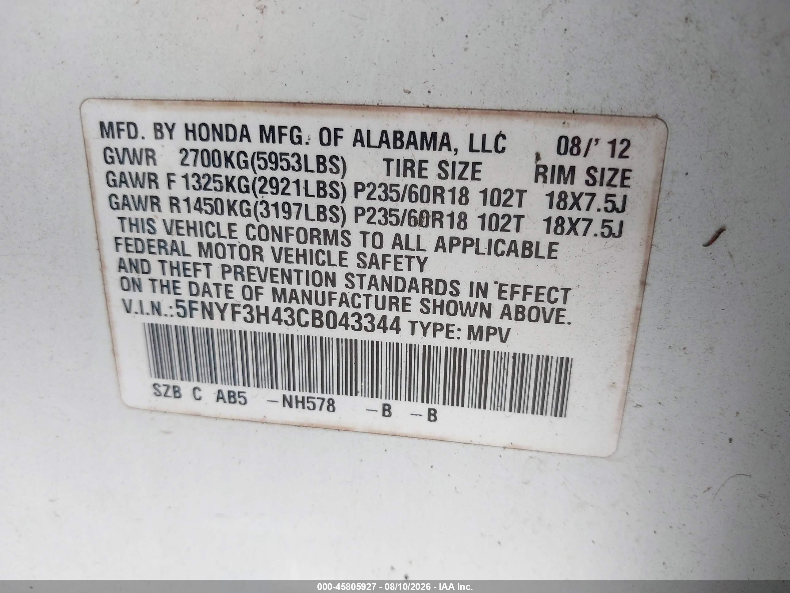 2012 Honda Pilot Ex White vin: 5FNYF3H43CB043344