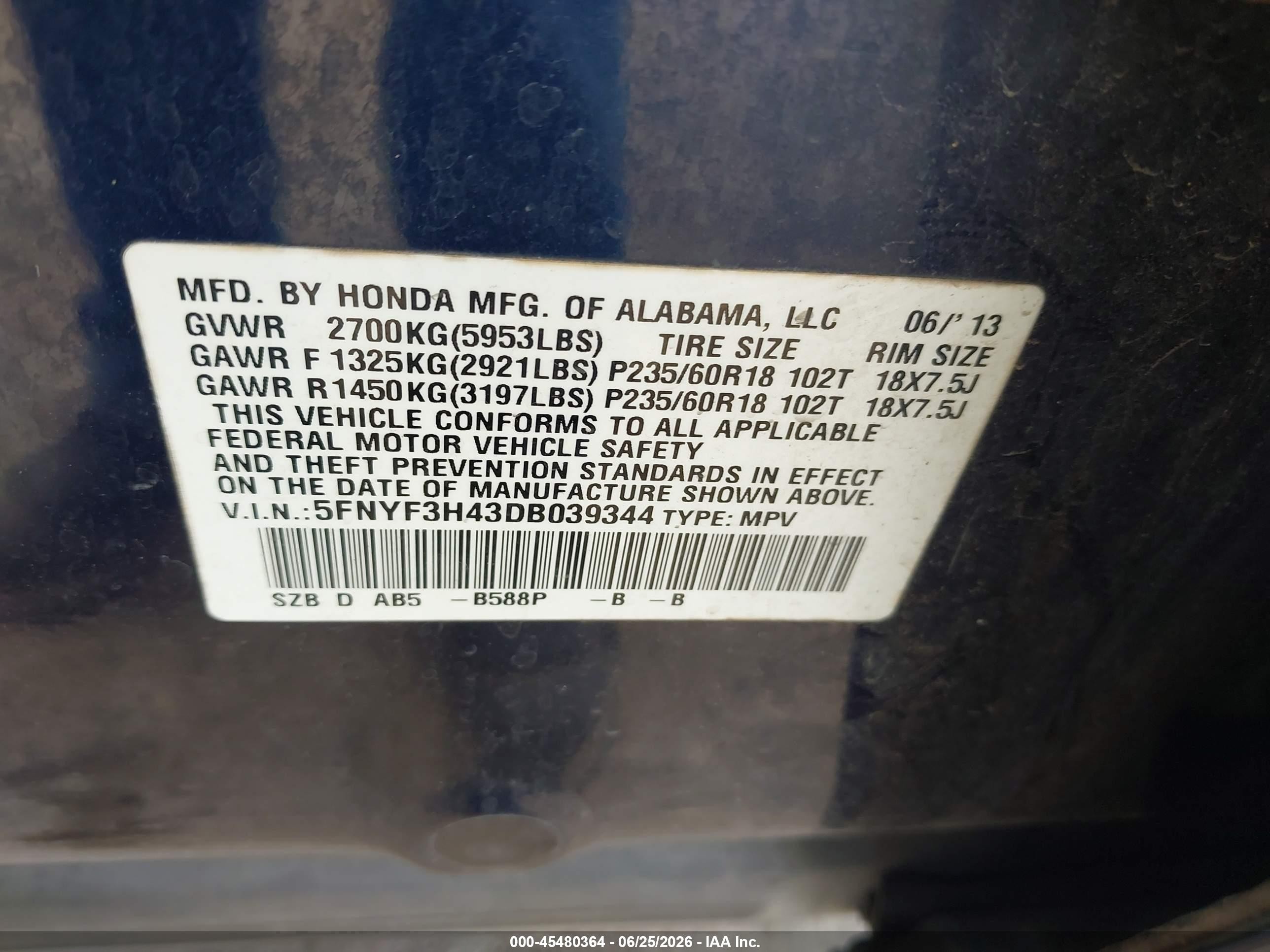 2013 Honda Pilot Ex Blue vin: 5FNYF3H43DB039344