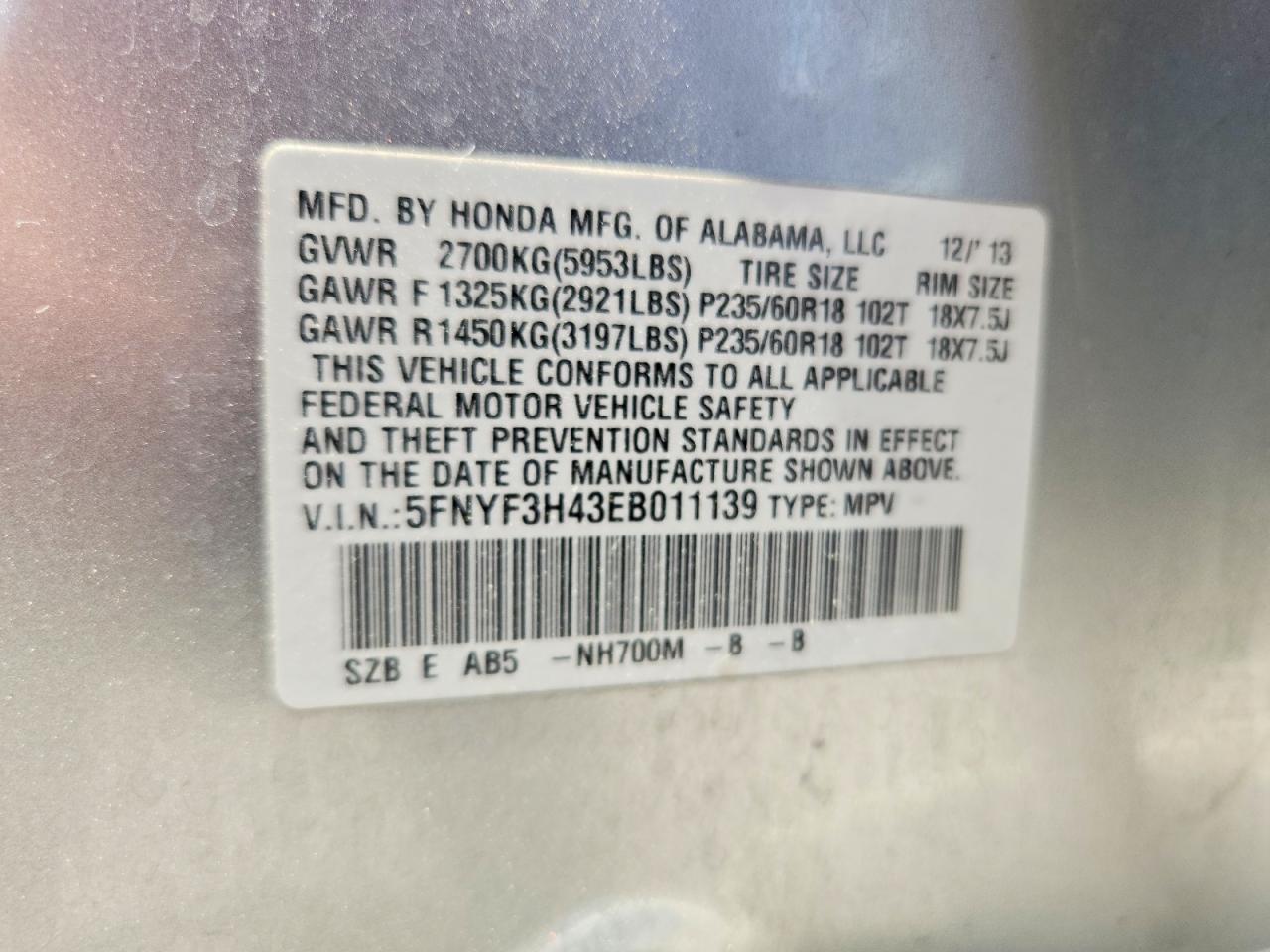 2014 Honda Pilot Ex Silver vin: 5FNYF3H43EB011139