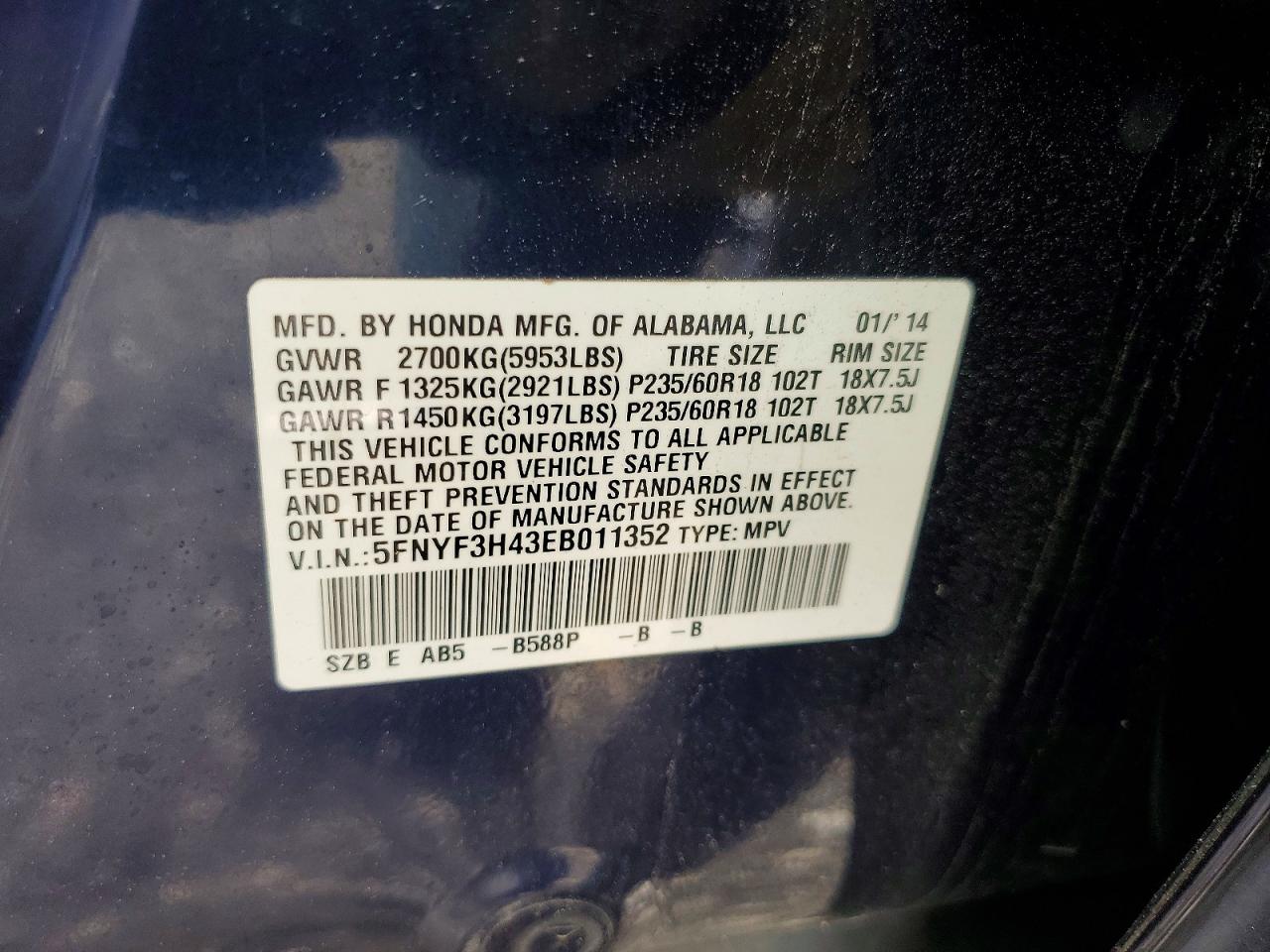 2014 Honda Pilot Ex Blue vin: 5FNYF3H43EB011352