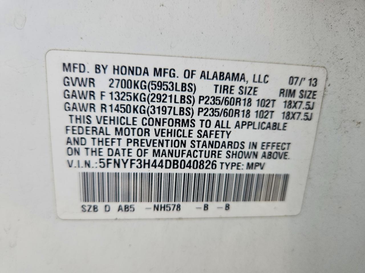 2013 Honda Pilot White vin: 5FNYF3H44DB040826