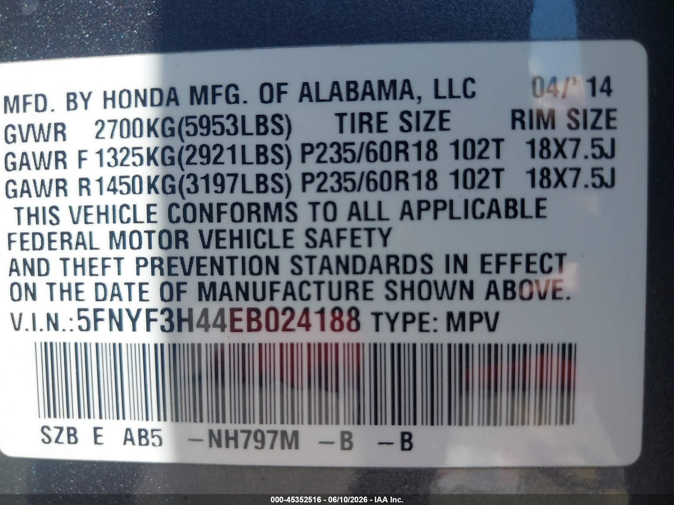 2014 Honda Pilot Ex Gray vin: 5FNYF3H44EB024188